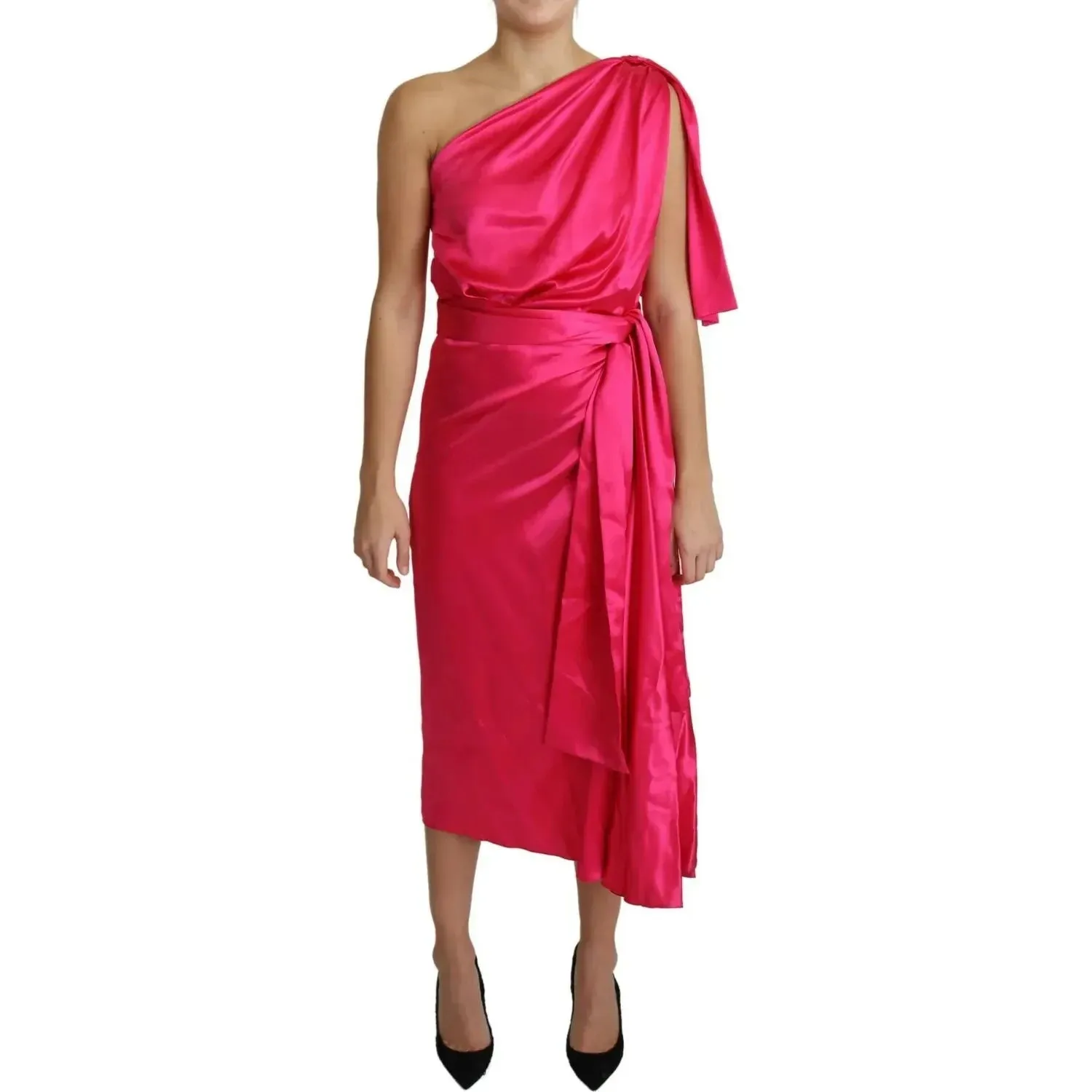 Dolce & Gabbana Fuchsia Fitted Cut One Shoulder Midi Dress