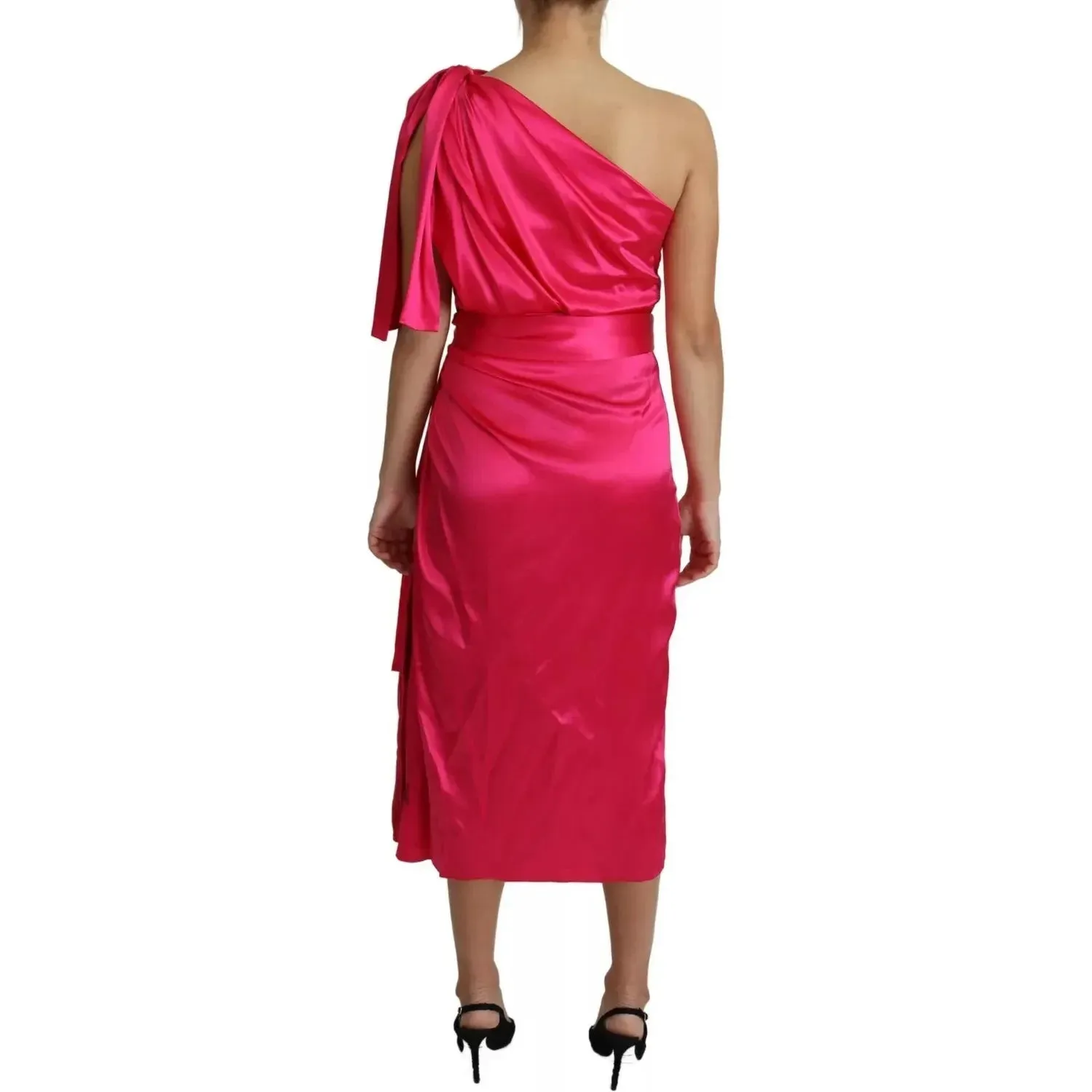 Dolce & Gabbana Fuchsia Fitted Cut One Shoulder Midi Dress