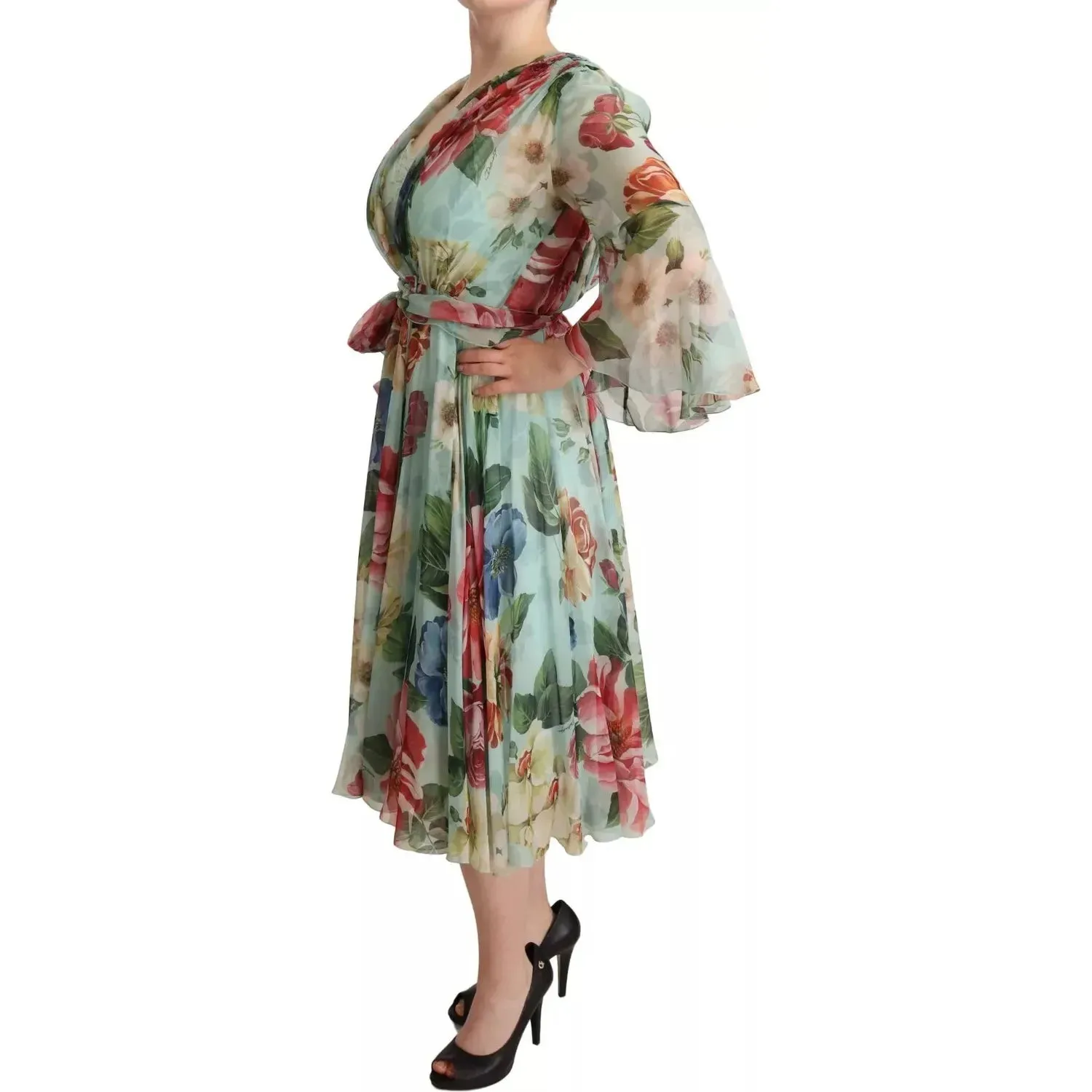 Dolce & Gabbana Multicolor Green Silk Wrap Gown Dress