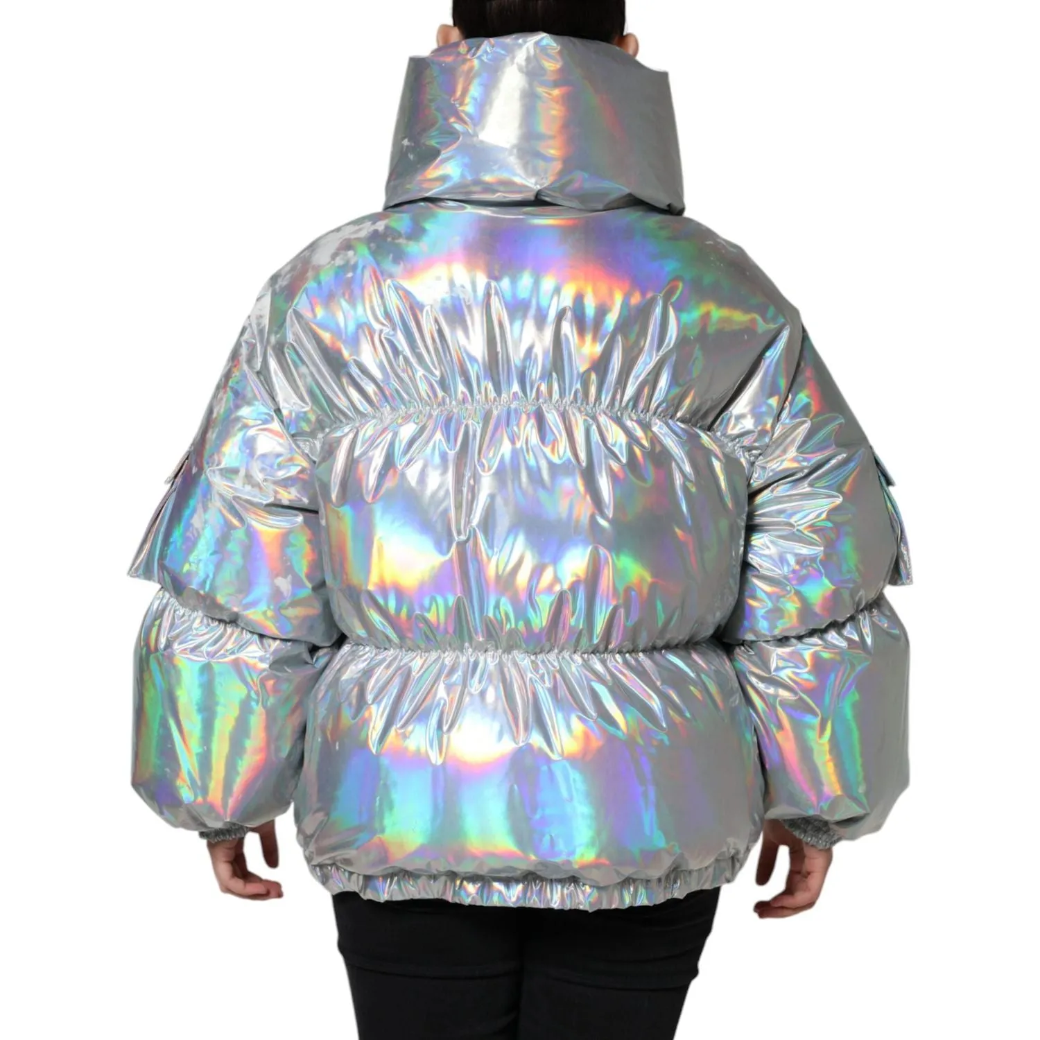 Dolce & Gabbana Silver Iridescent Puffer Full Zip Coat Jacket