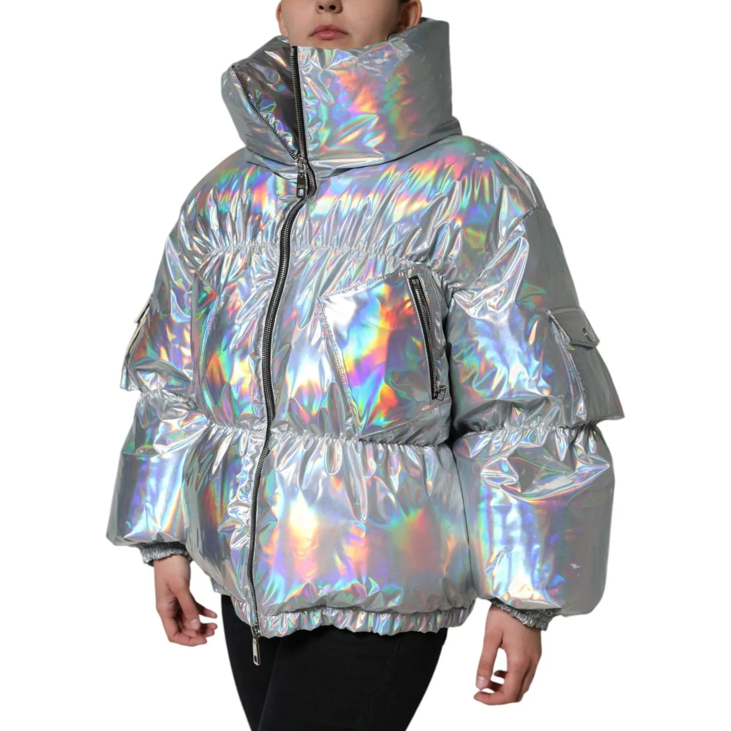 Dolce & Gabbana Silver Iridescent Puffer Full Zip Coat Jacket