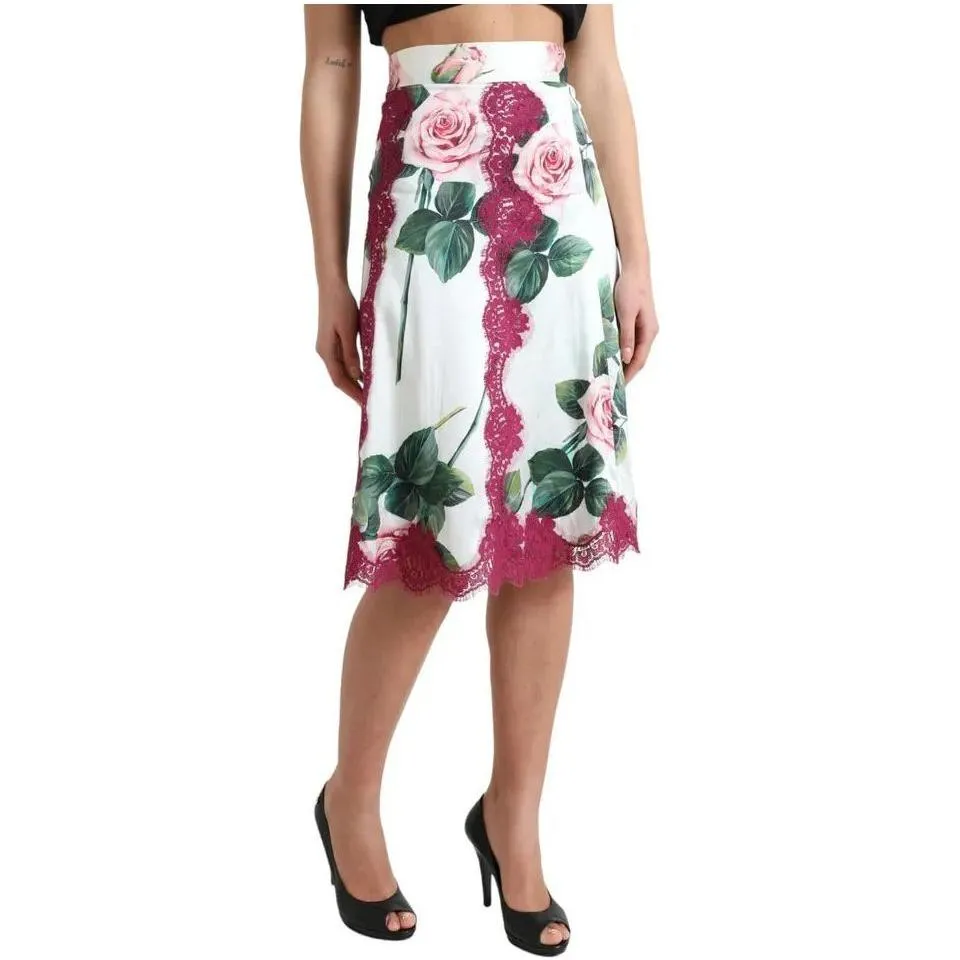 Dolce & Gabbana White Rose Print High Waist Midi A-line Skirt