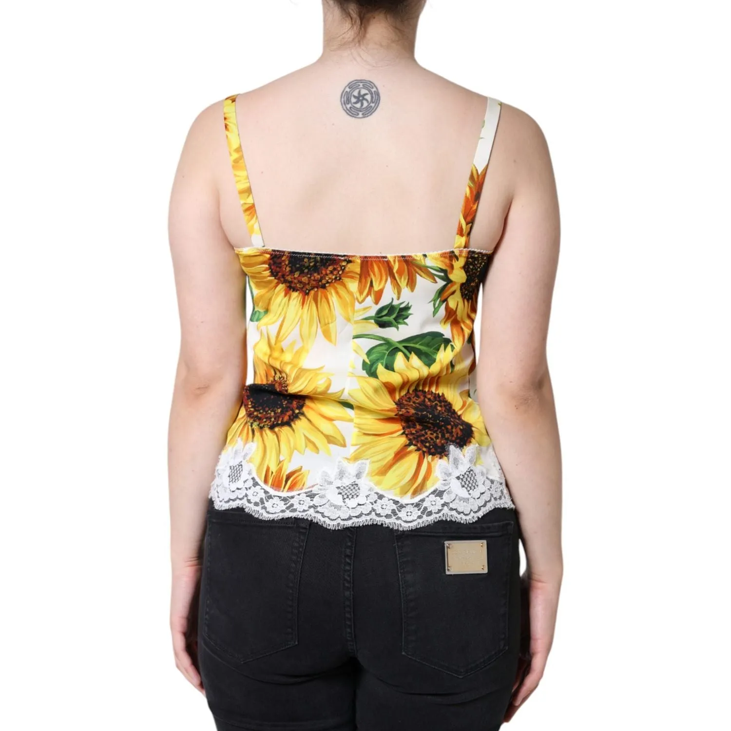 Dolce & Gabbana White Silk Sunflower Lace Sleeveless Tank Top