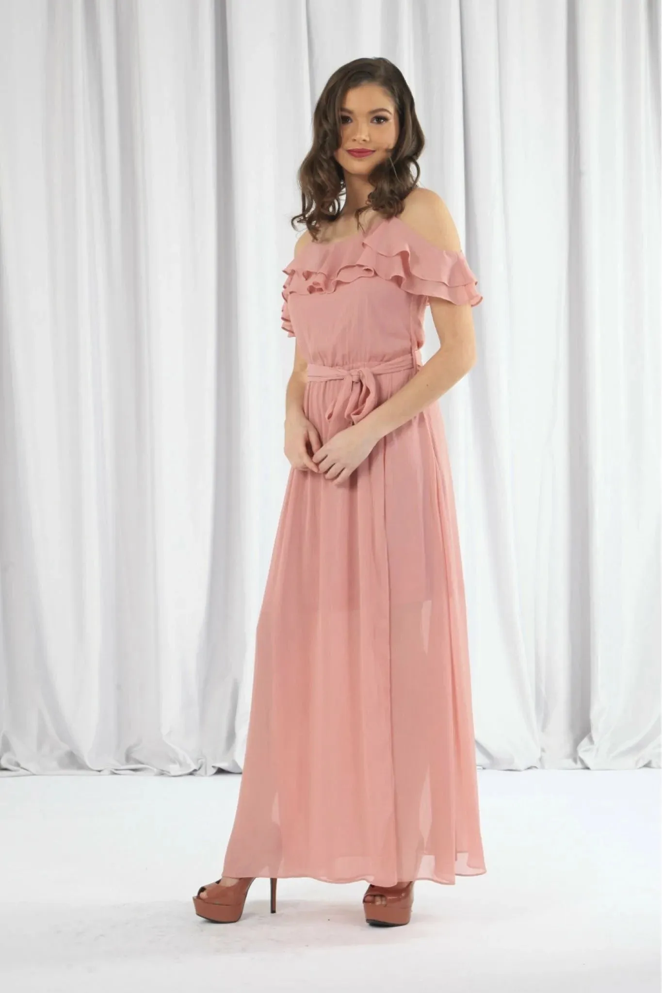 Double Second Pink Double Frill Off Shoulder Wrap Maxi Dress