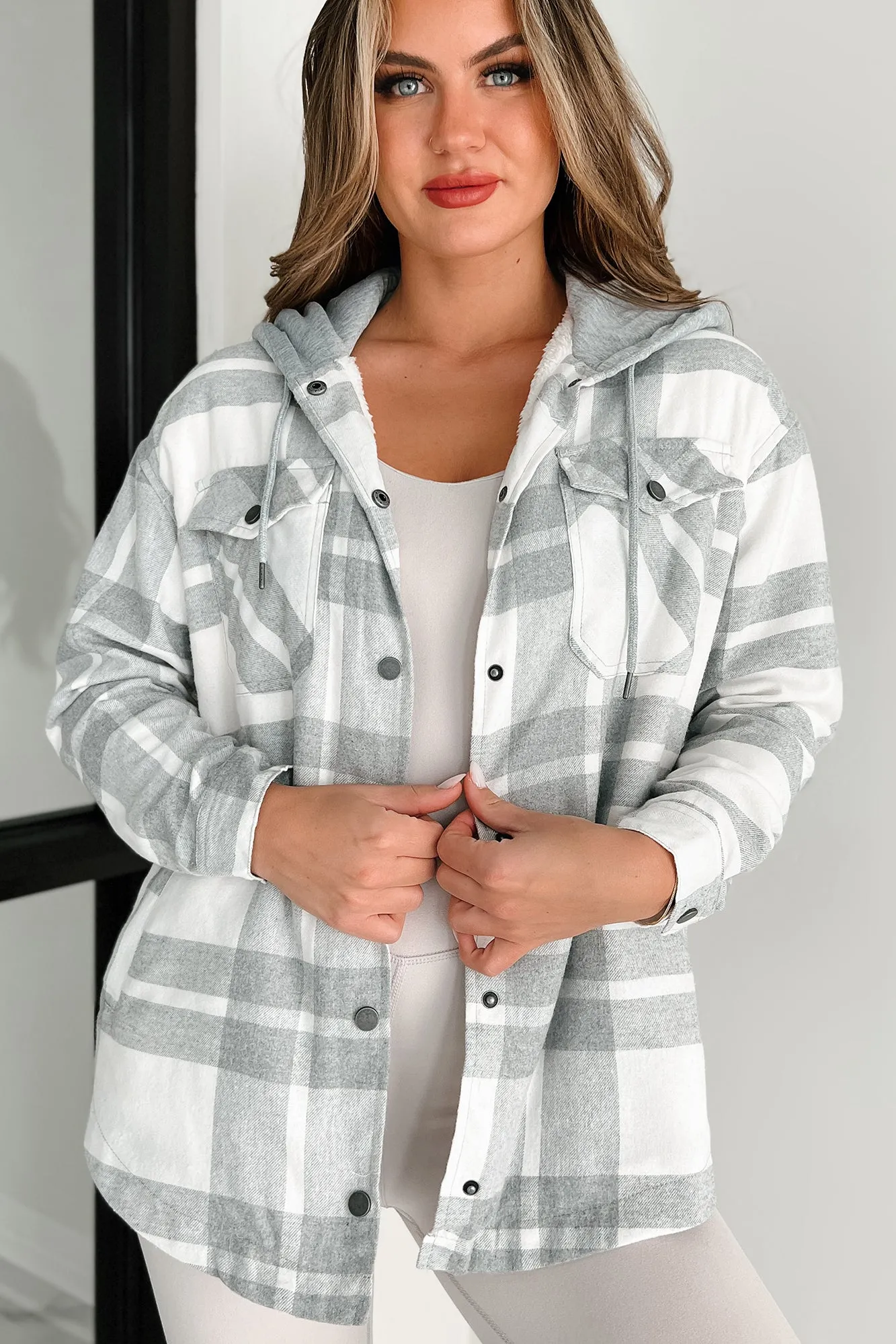 Down Country Roads Sherpa Lined Hooded Flannel Shacket (Grey/White)