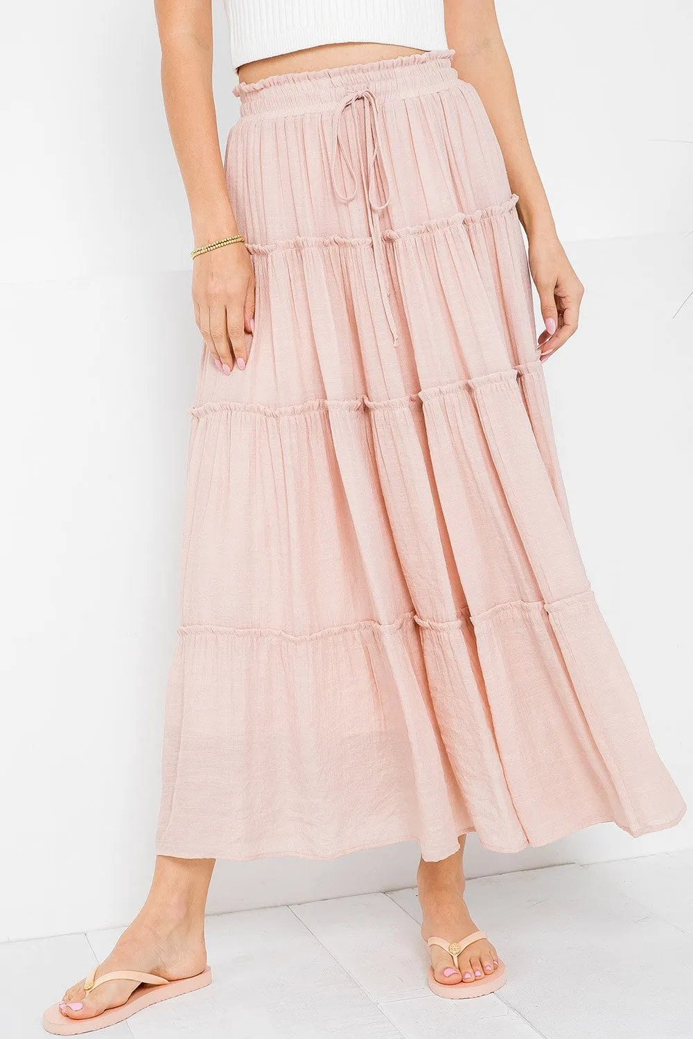 Drawstring Tiered Maxi Skirt in Blush