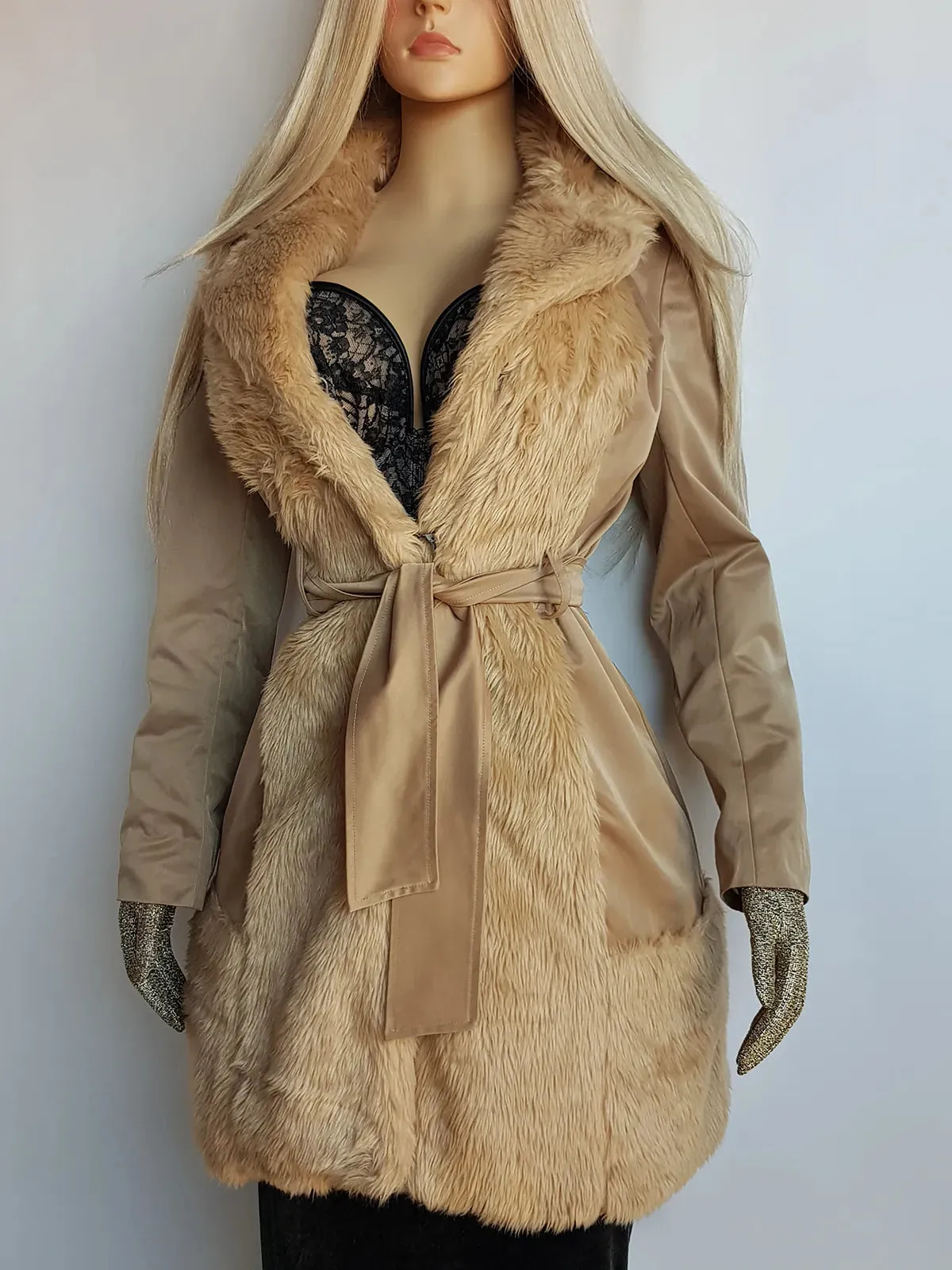 Dreamy 90s Authentic Vintage Fur Coat in 100% Cotton - Chic Camel - Tie Waist - Metal Hook Closure down the front - Wear open or closed