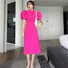 Elegant Lace Up Dress For Women Stand Collar Puff Short Sleeve High Waist Slim Midi Dresses Female Fashion