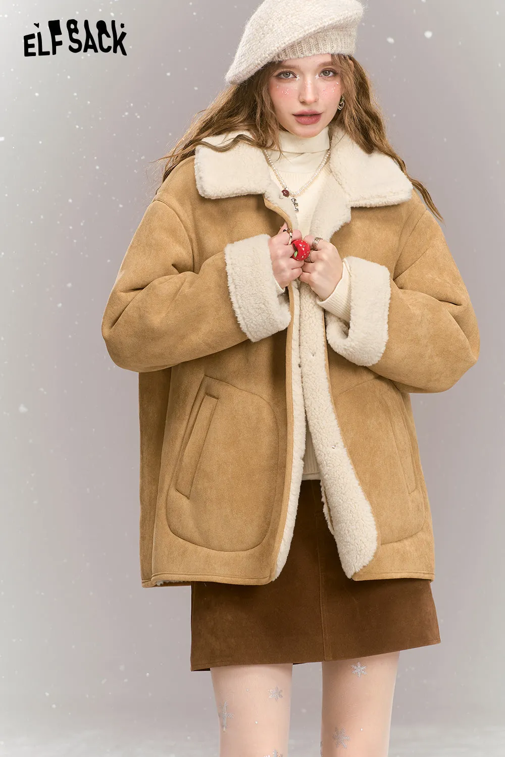 ELFSACK 2024 Winter New Arrivals Suede Plush Thickened Jacket Women Retro Casual Single Breasted Warm Jacket