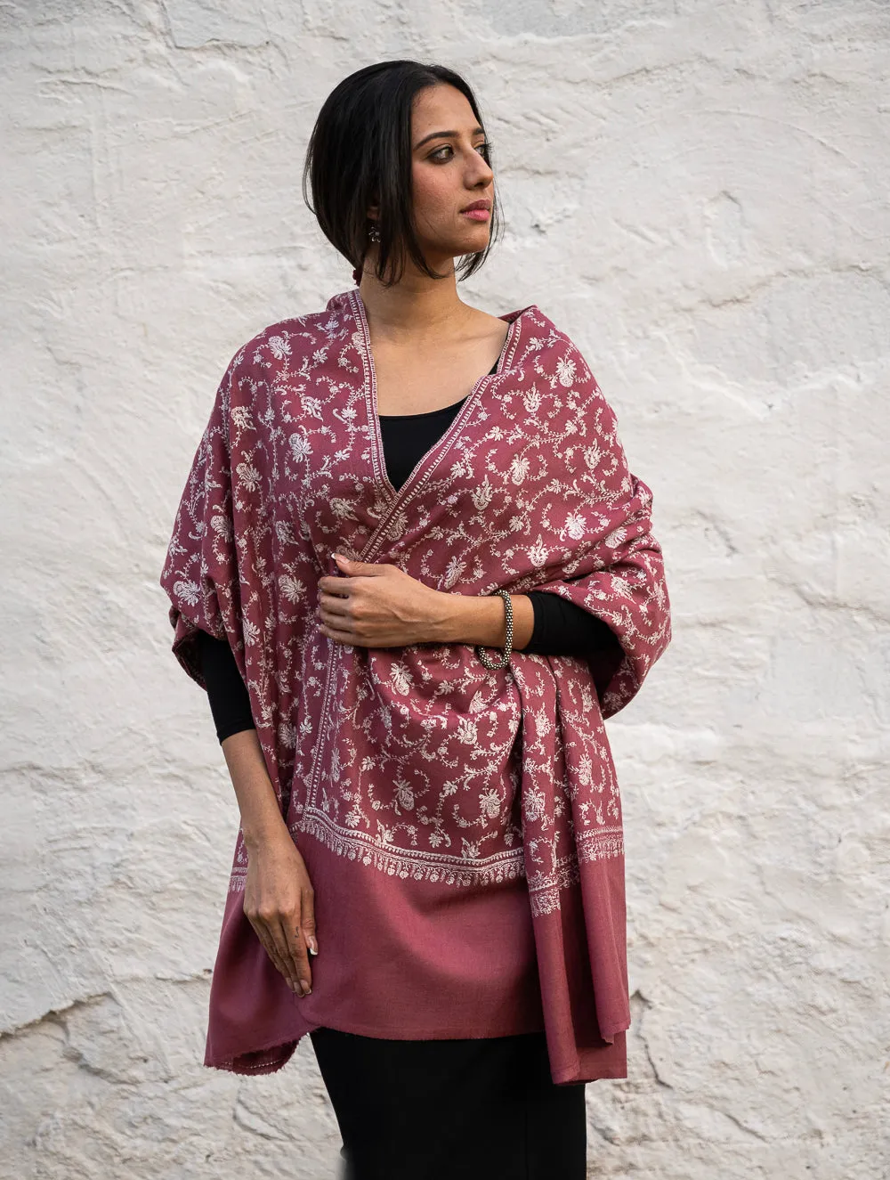 Exclusive, Fine Hand Embroidered Kashmiri Shawl - Regal Pink