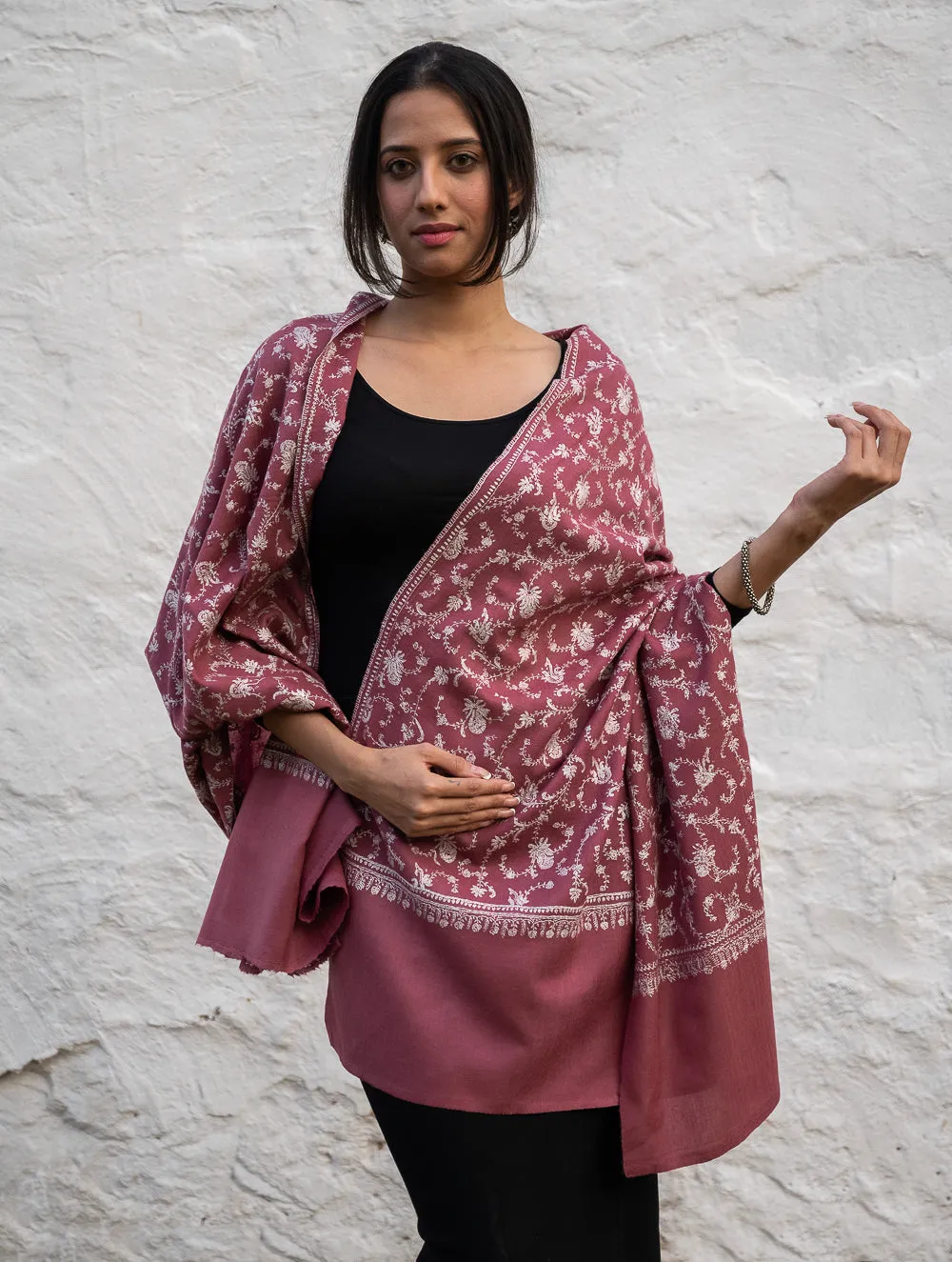 Exclusive, Fine Hand Embroidered Kashmiri Shawl - Regal Pink