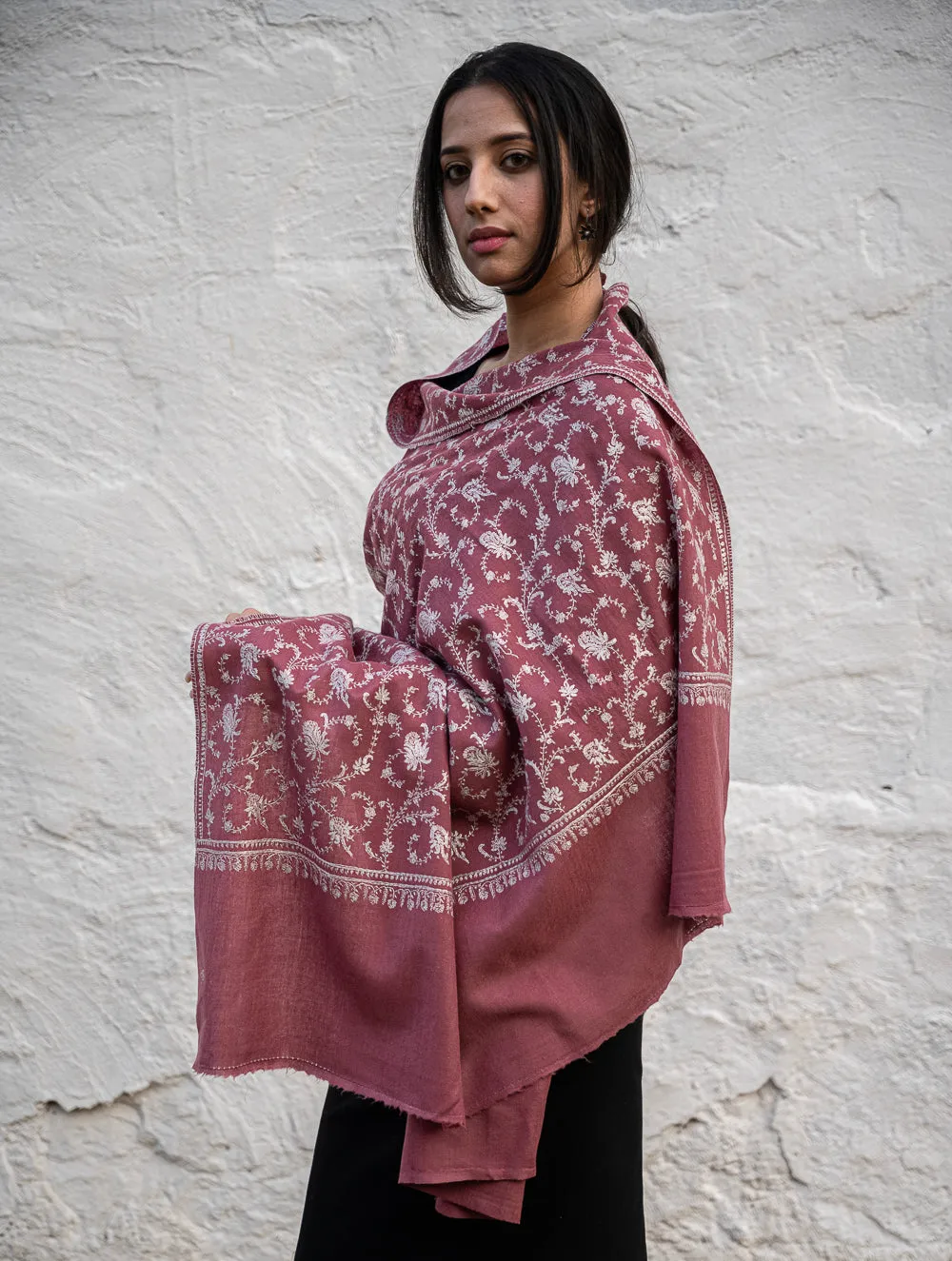 Exclusive, Fine Hand Embroidered Kashmiri Shawl - Regal Pink