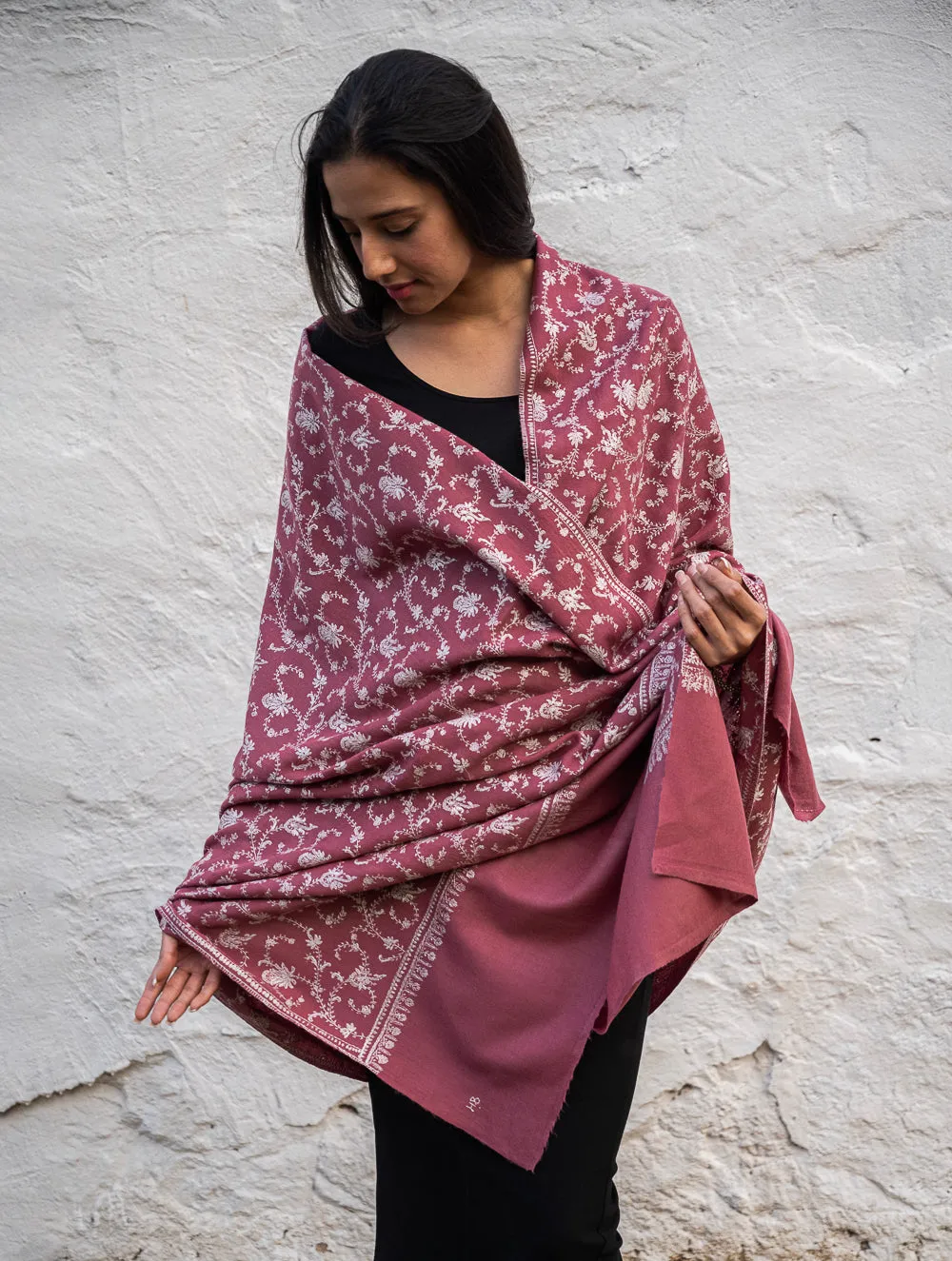 Exclusive, Fine Hand Embroidered Kashmiri Shawl - Regal Pink