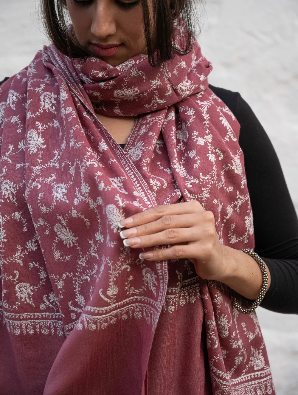 Exclusive, Fine Hand Embroidered Kashmiri Shawl - Regal Pink