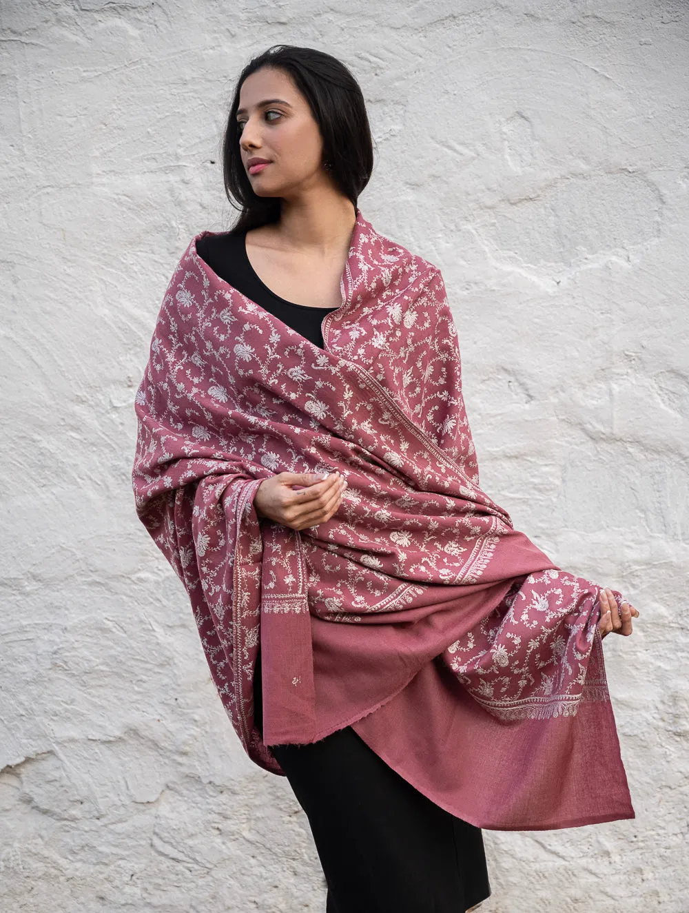 Exclusive, Fine Hand Embroidered Kashmiri Shawl - Regal Pink