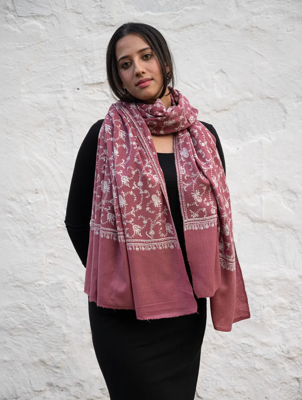 Exclusive, Fine Hand Embroidered Kashmiri Shawl - Regal Pink