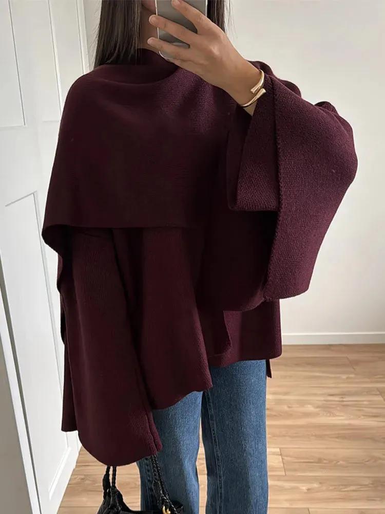 Fashionkova Women Fashion Cape Collar Woolen Coat With Scarf Elegant Solid Oversized Long Sleeve Jackets 2024 Lady Commute Streetwear Autumn