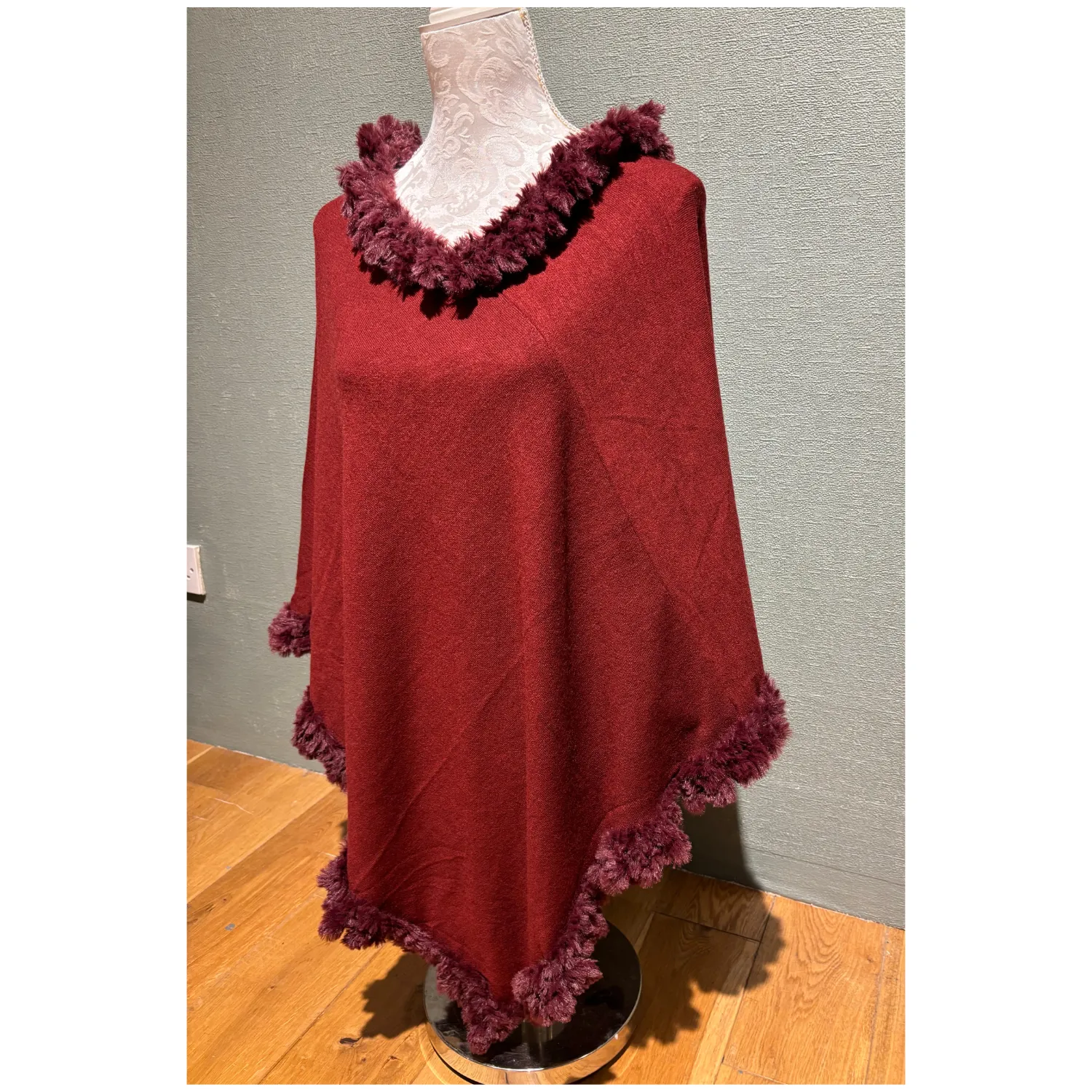 Faux Fur Poncho Burgundy