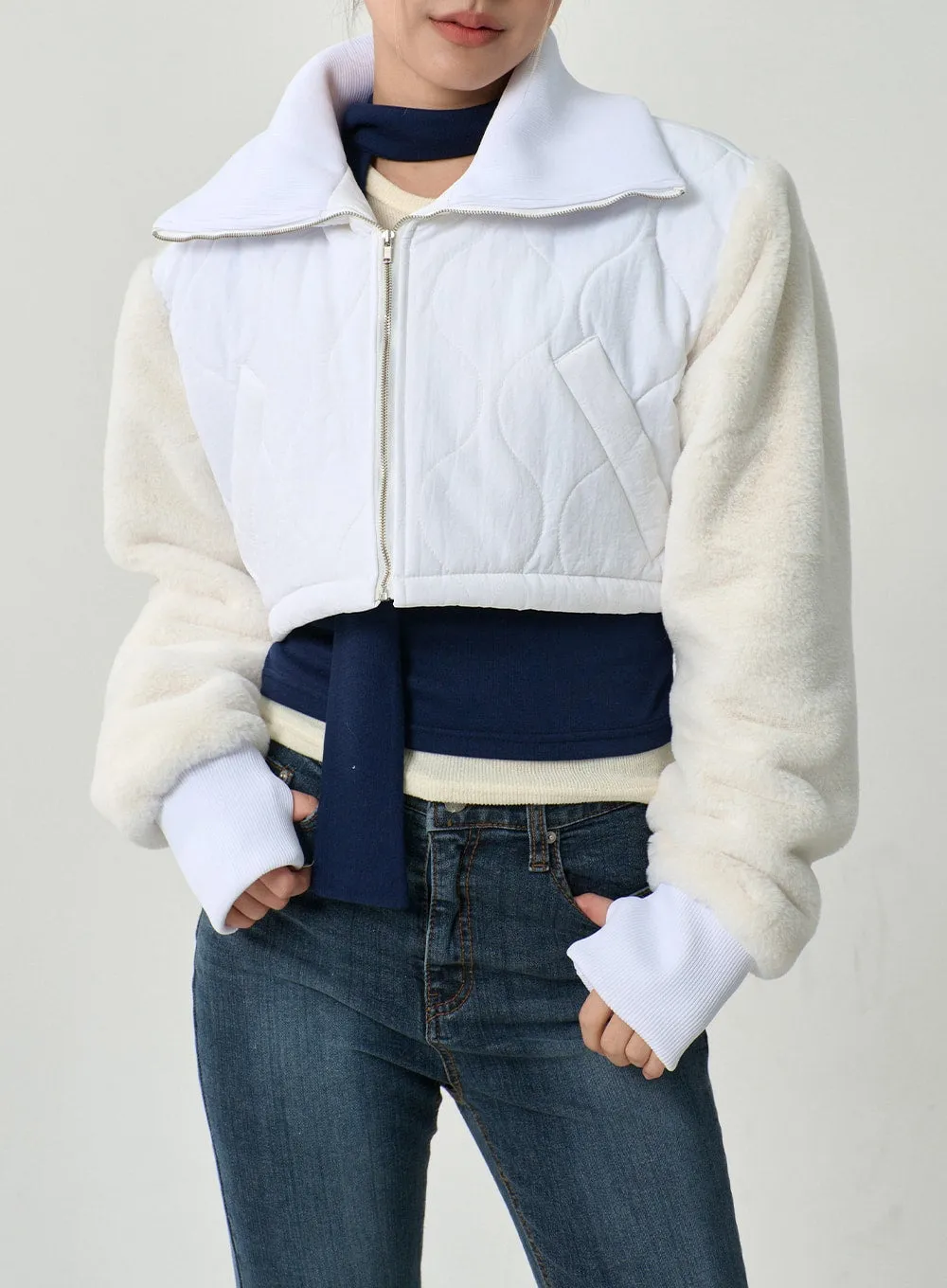 Faux Fur Sleeve Puffer Cropped Zipper Jacket CD19