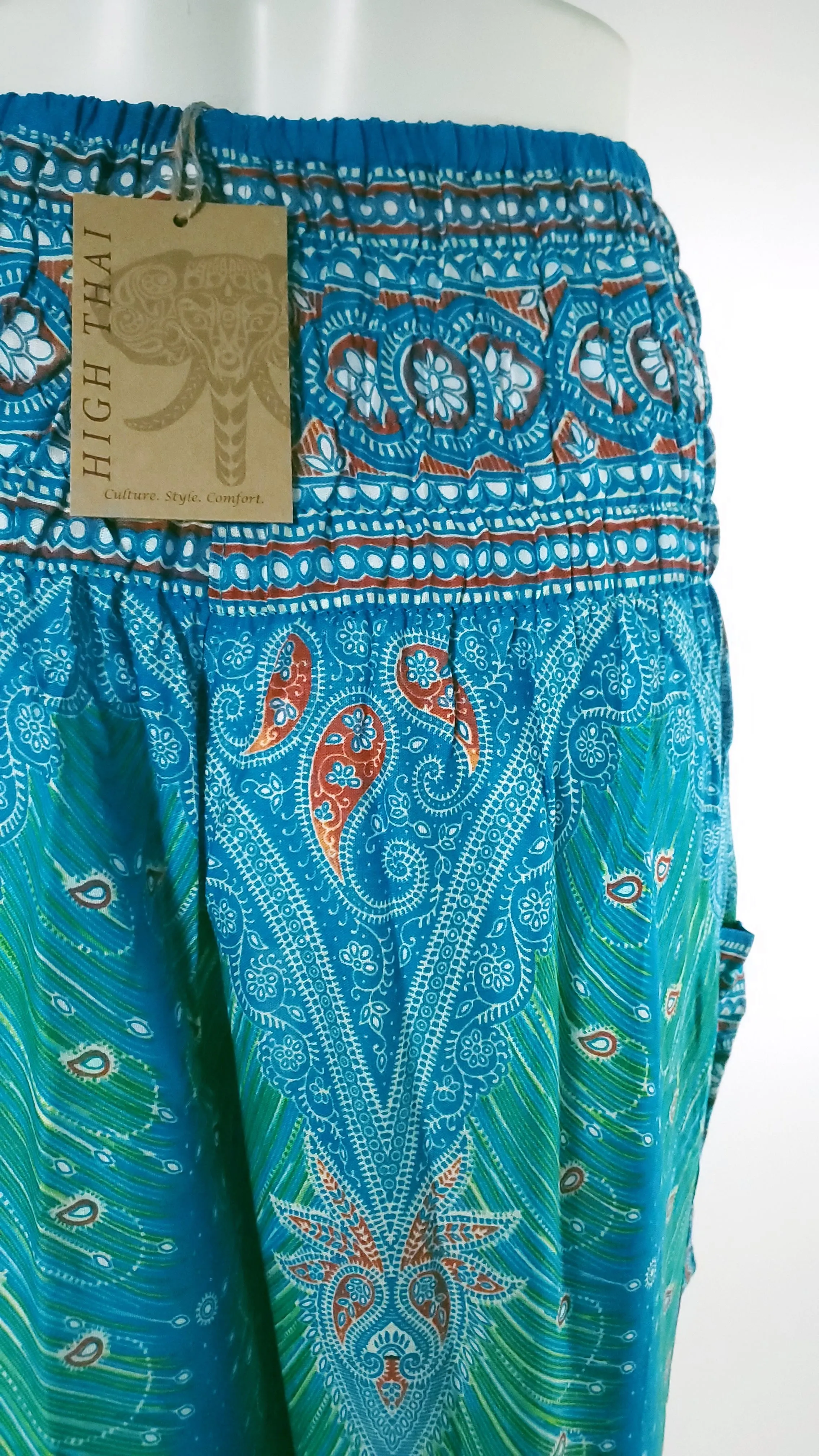 Feather Design  Straight Leg Harem Pants in Blue