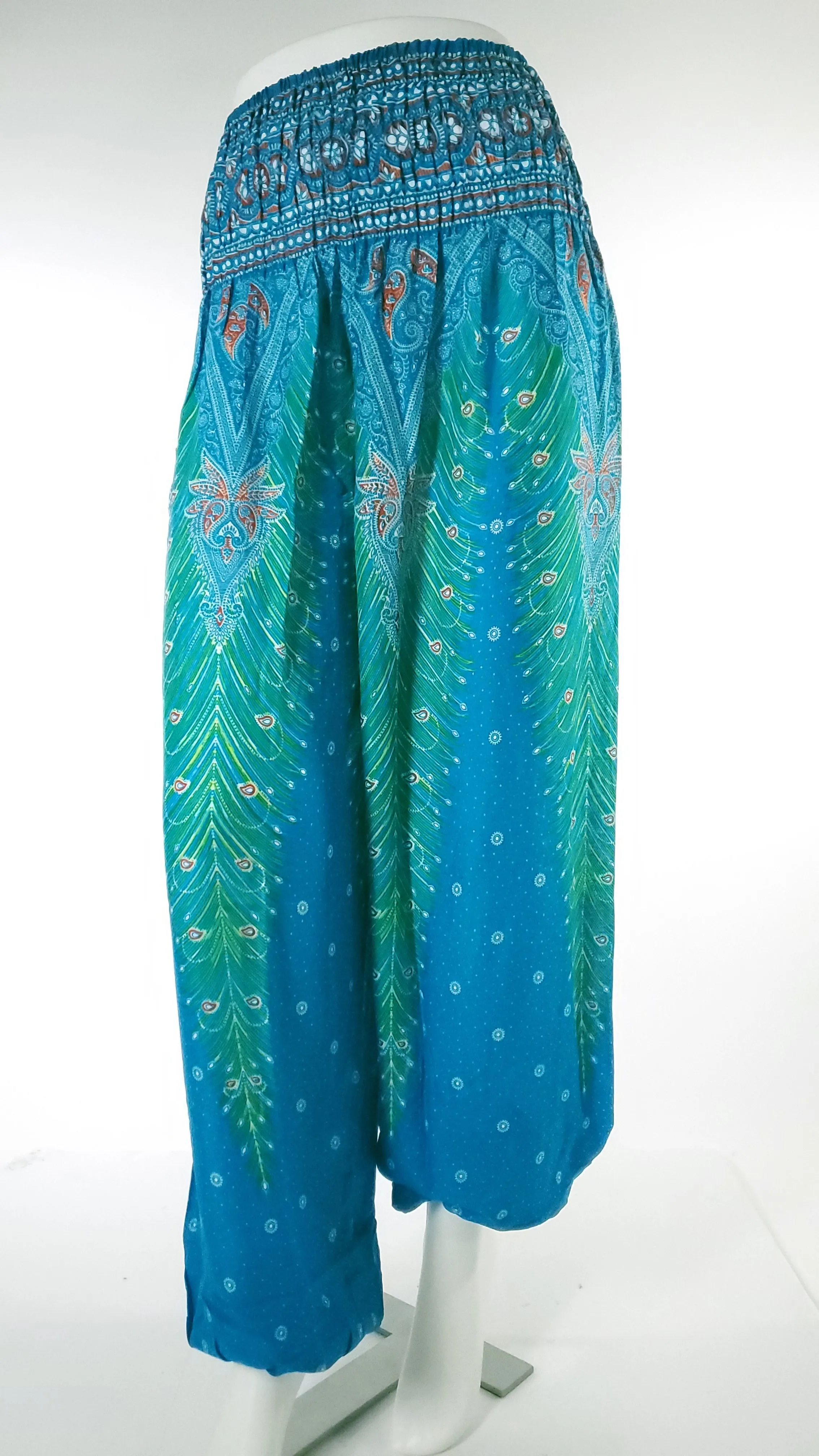 Feather Design  Straight Leg Harem Pants in Blue