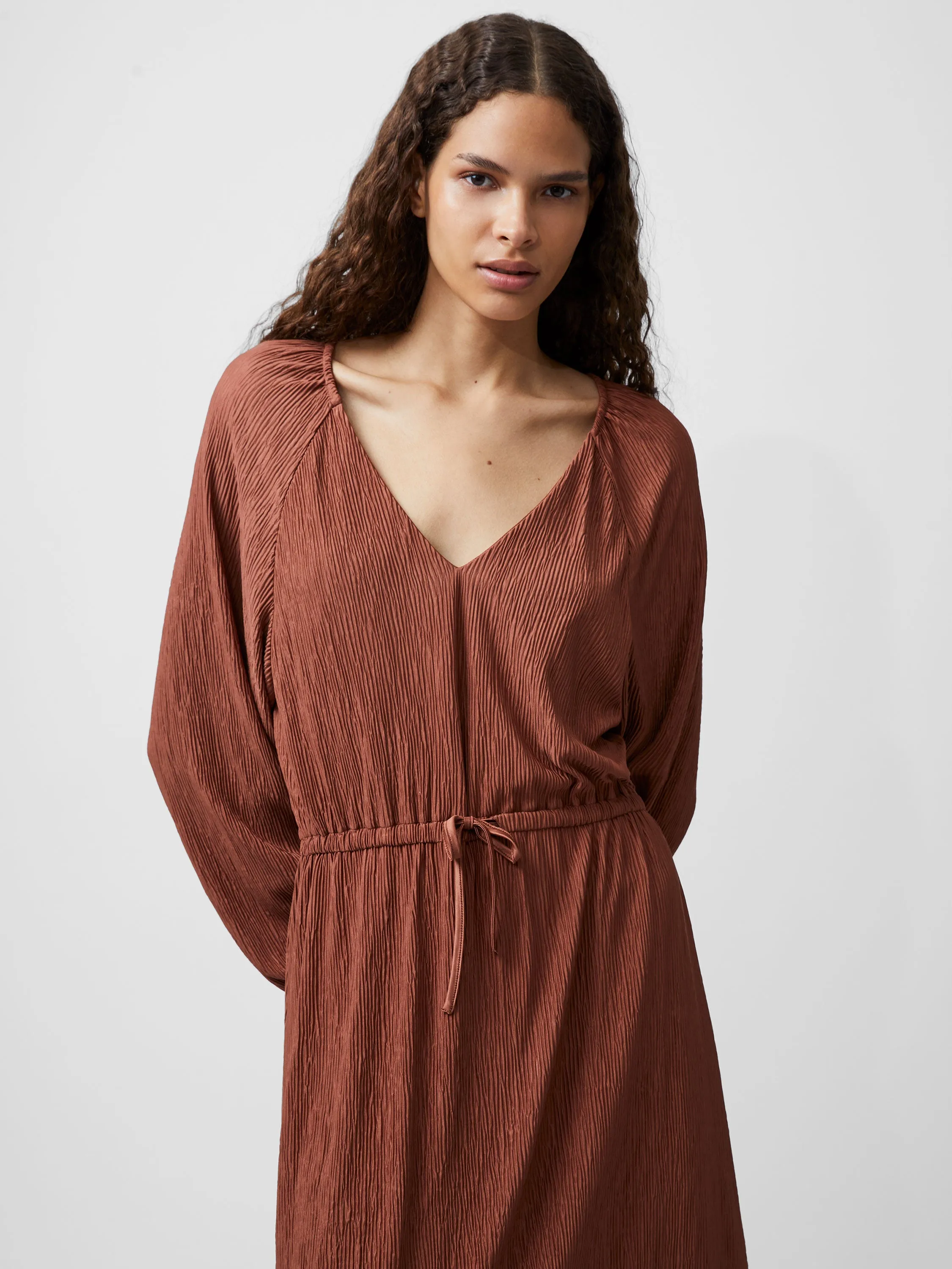 French Connection Tess Crinkle Satin Dress-Russet Brown-71XDG