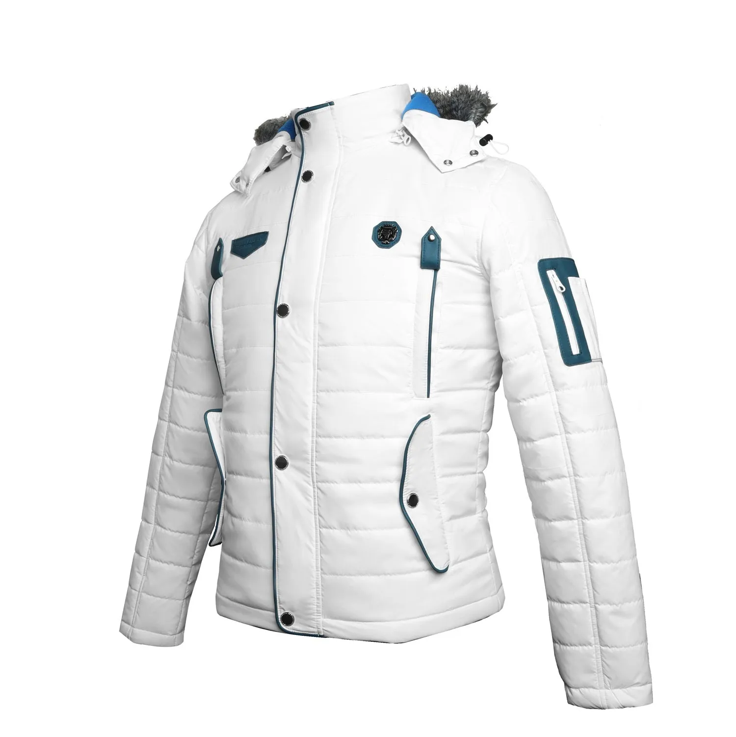 Fur Hoodie White Puffer with Blue Genuine Leather Trim Jacket by Brune & Bareskin