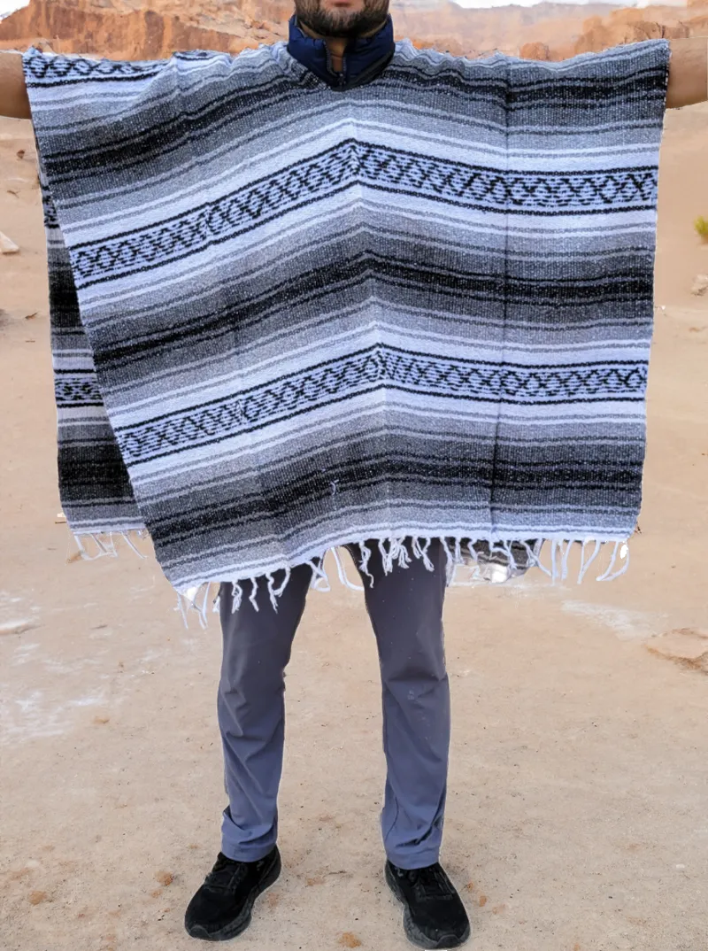 Genuine Mexican Striped Poncho | Gray