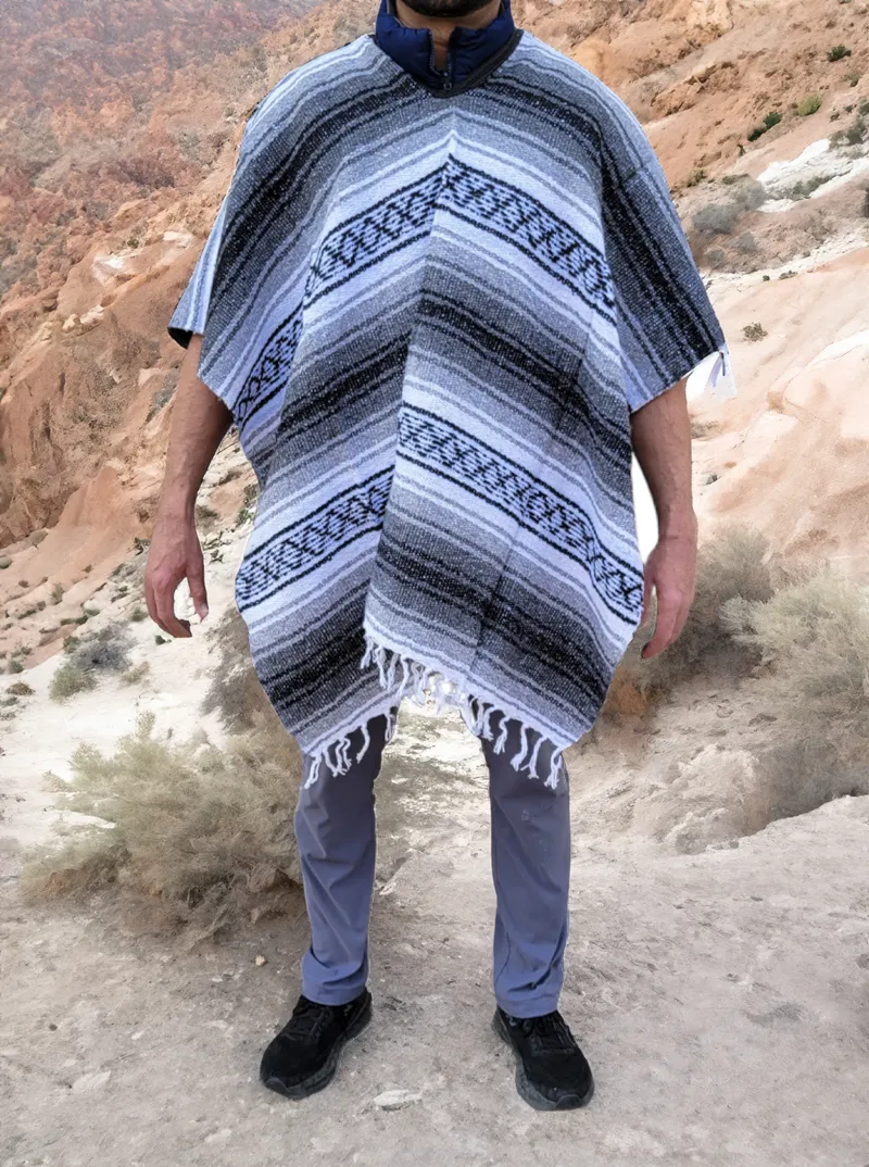 Genuine Mexican Striped Poncho | Gray