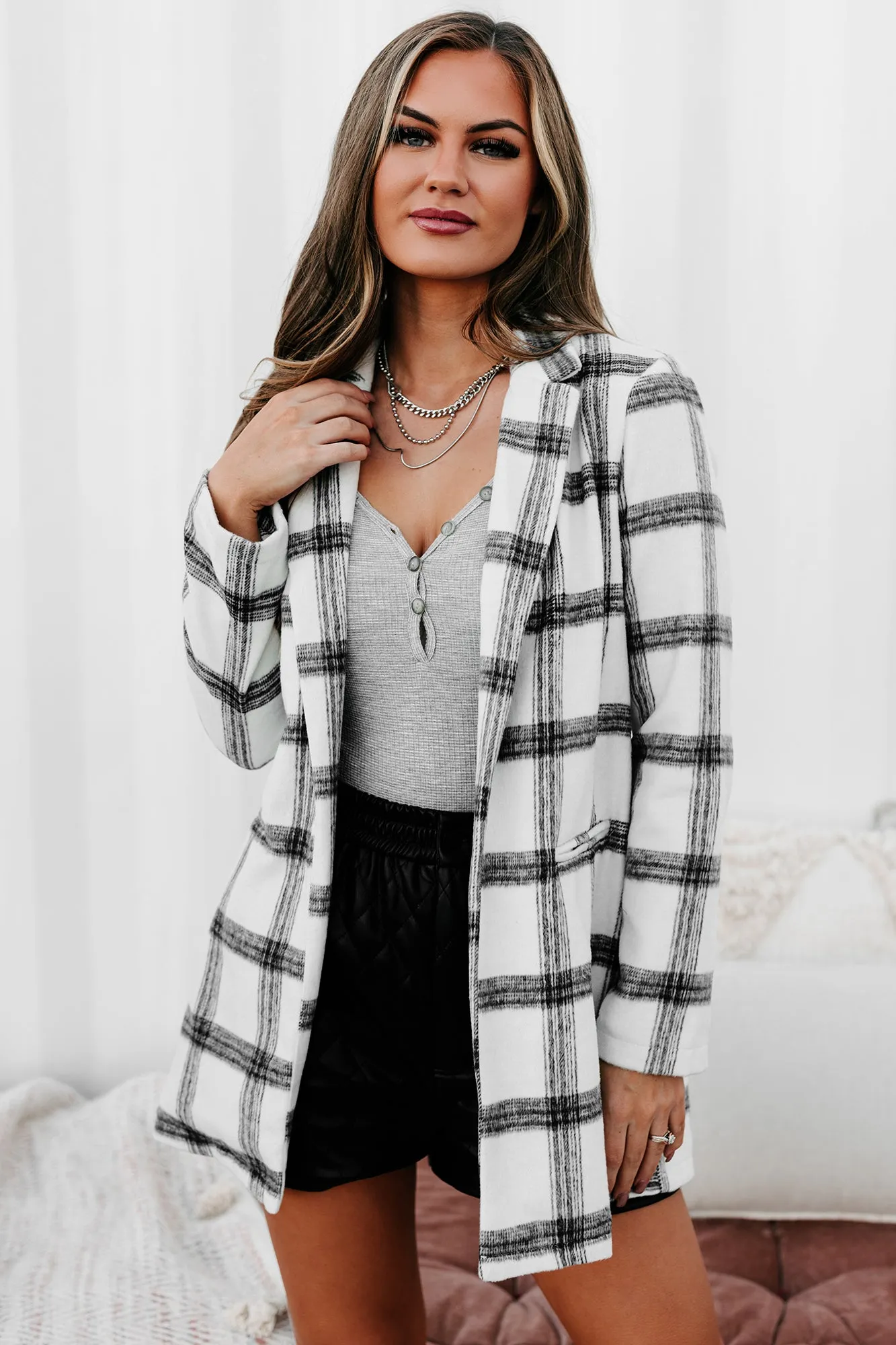 Getting Back Together Plaid Open Front Coat (Ivory)