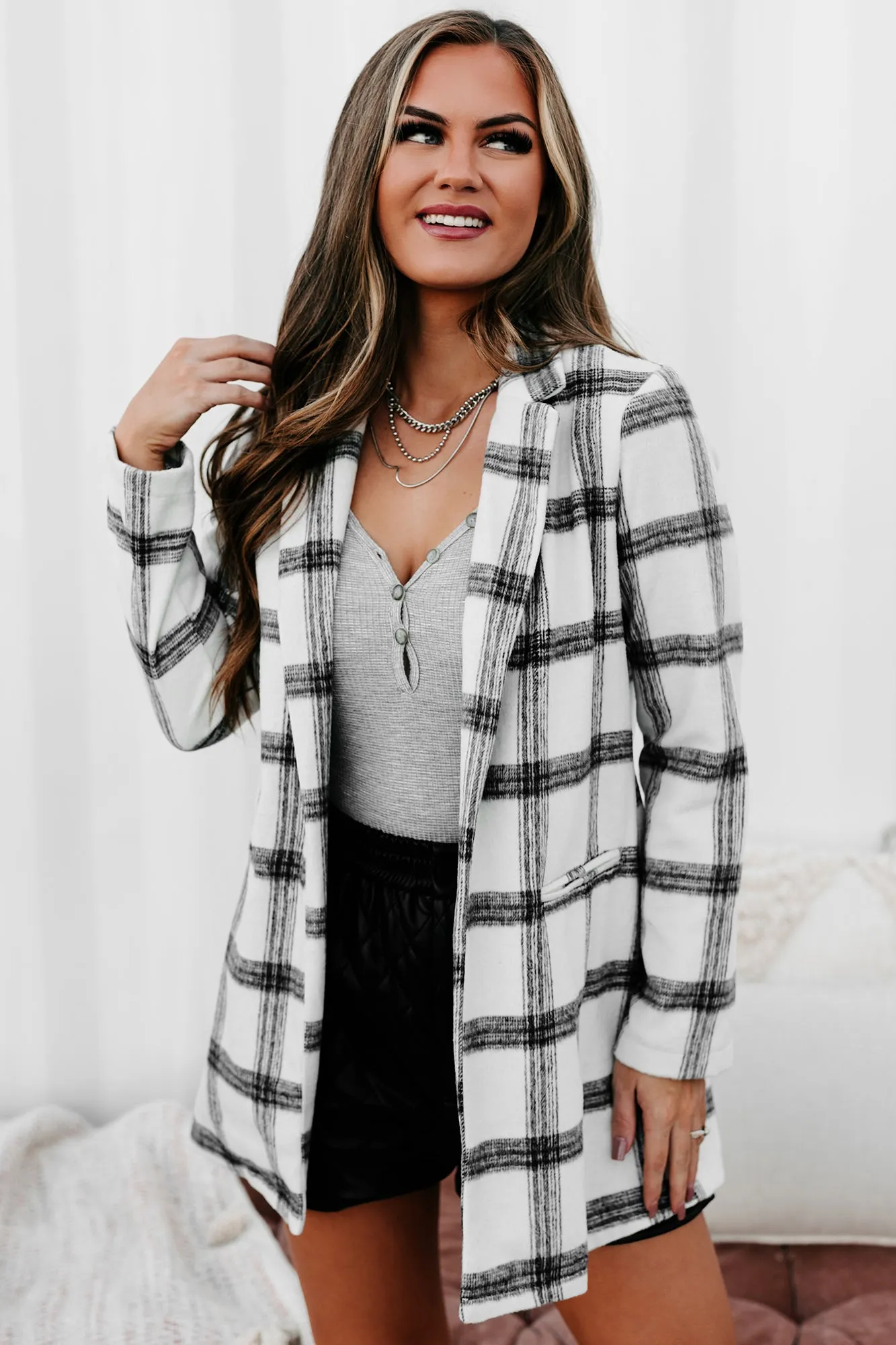 Getting Back Together Plaid Open Front Coat (Ivory)