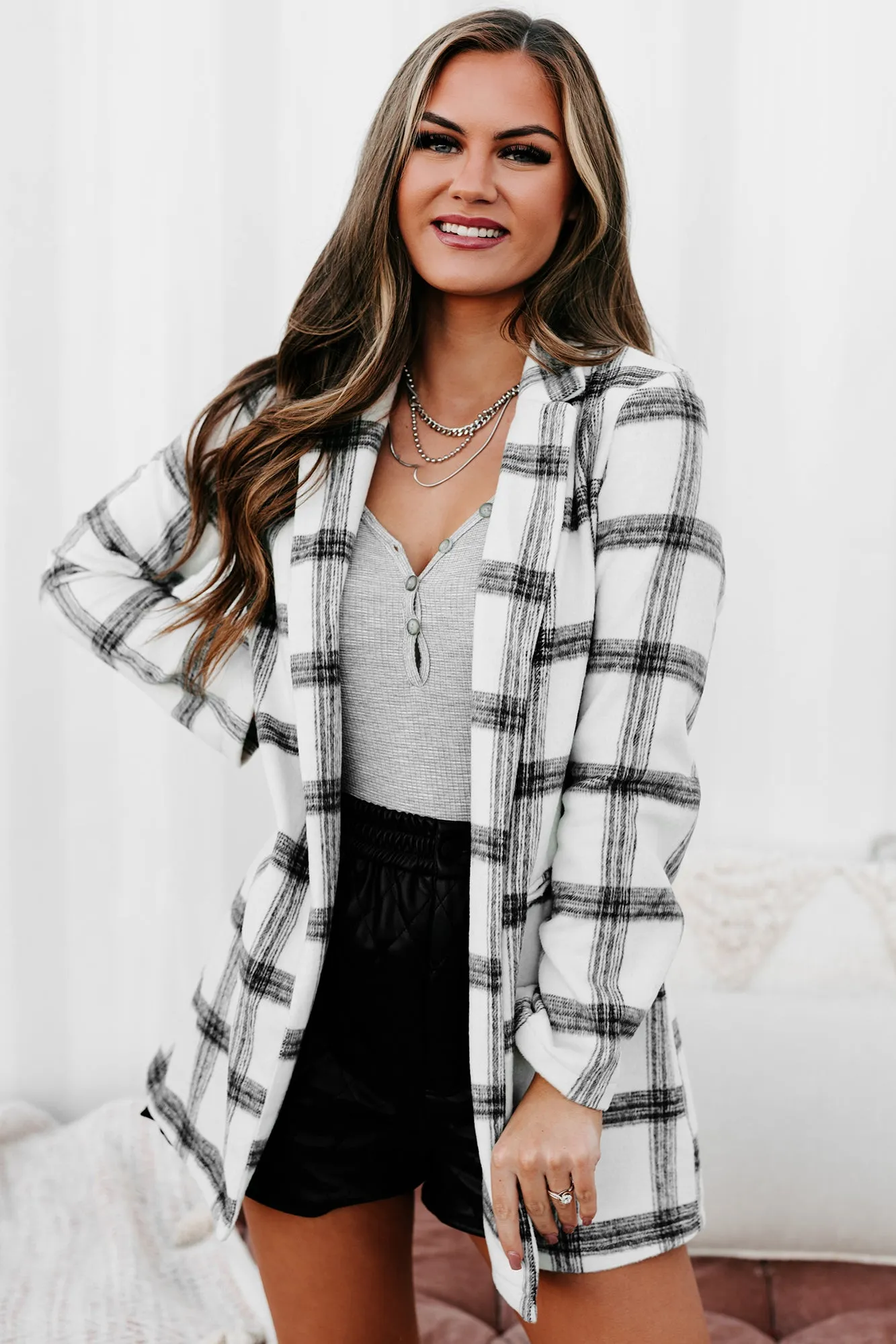 Getting Back Together Plaid Open Front Coat (Ivory)