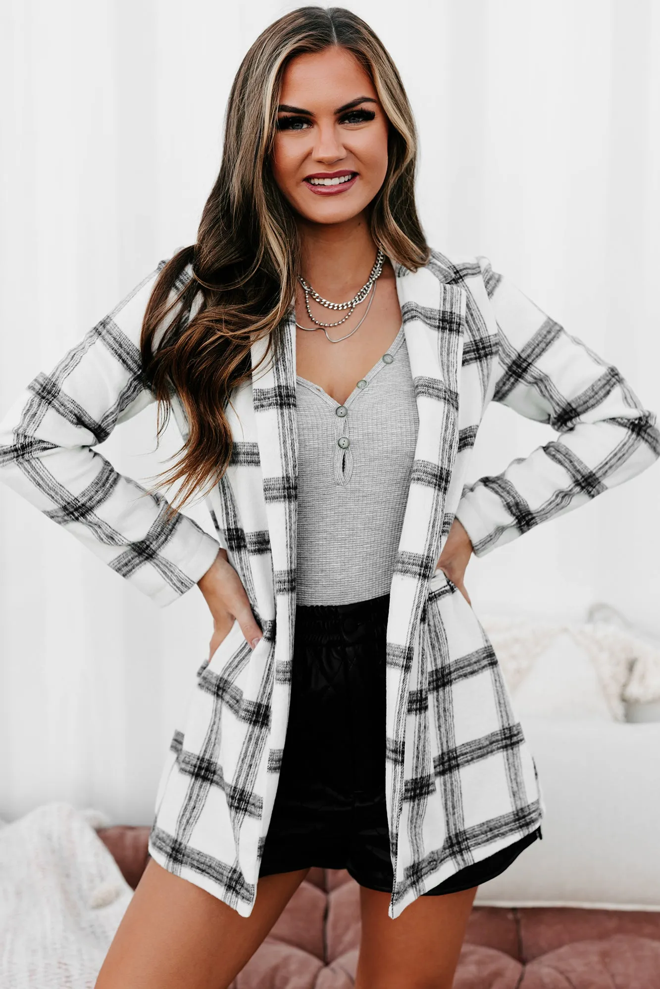 Getting Back Together Plaid Open Front Coat (Ivory)