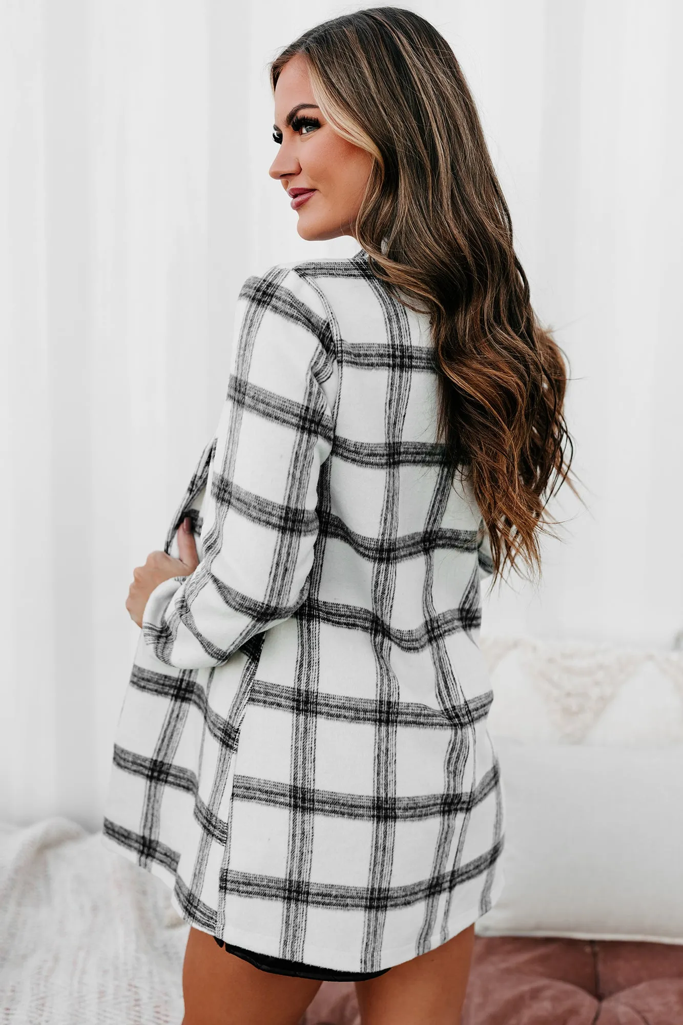 Getting Back Together Plaid Open Front Coat (Ivory)