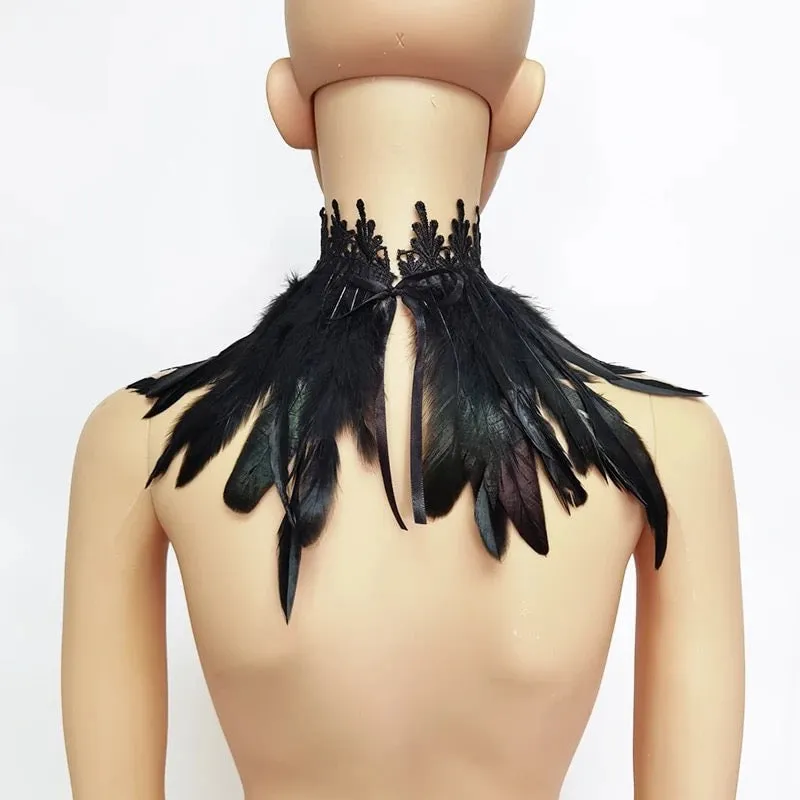 Gothic Victorian Cosplay Feather Choker Neck Wrap Collar - Black