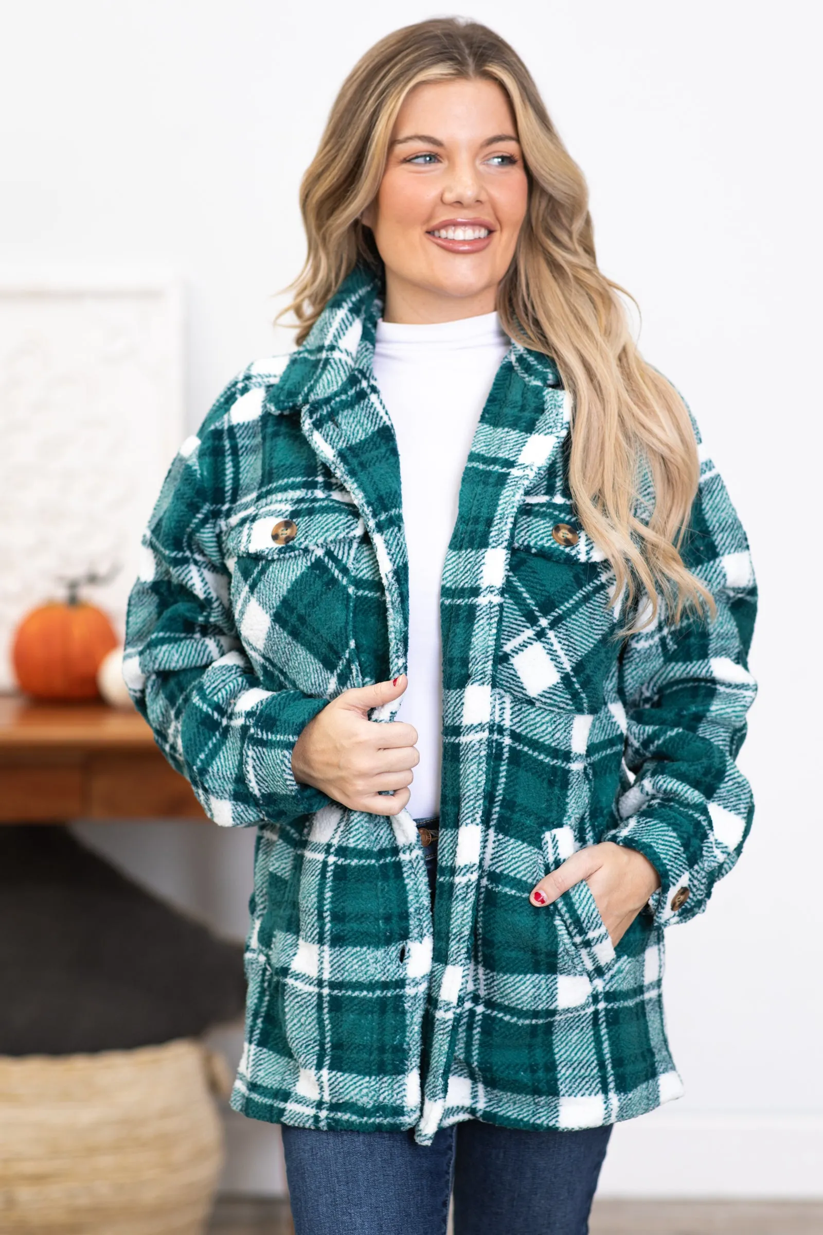 Green and White Plaid Sherpa Shacket