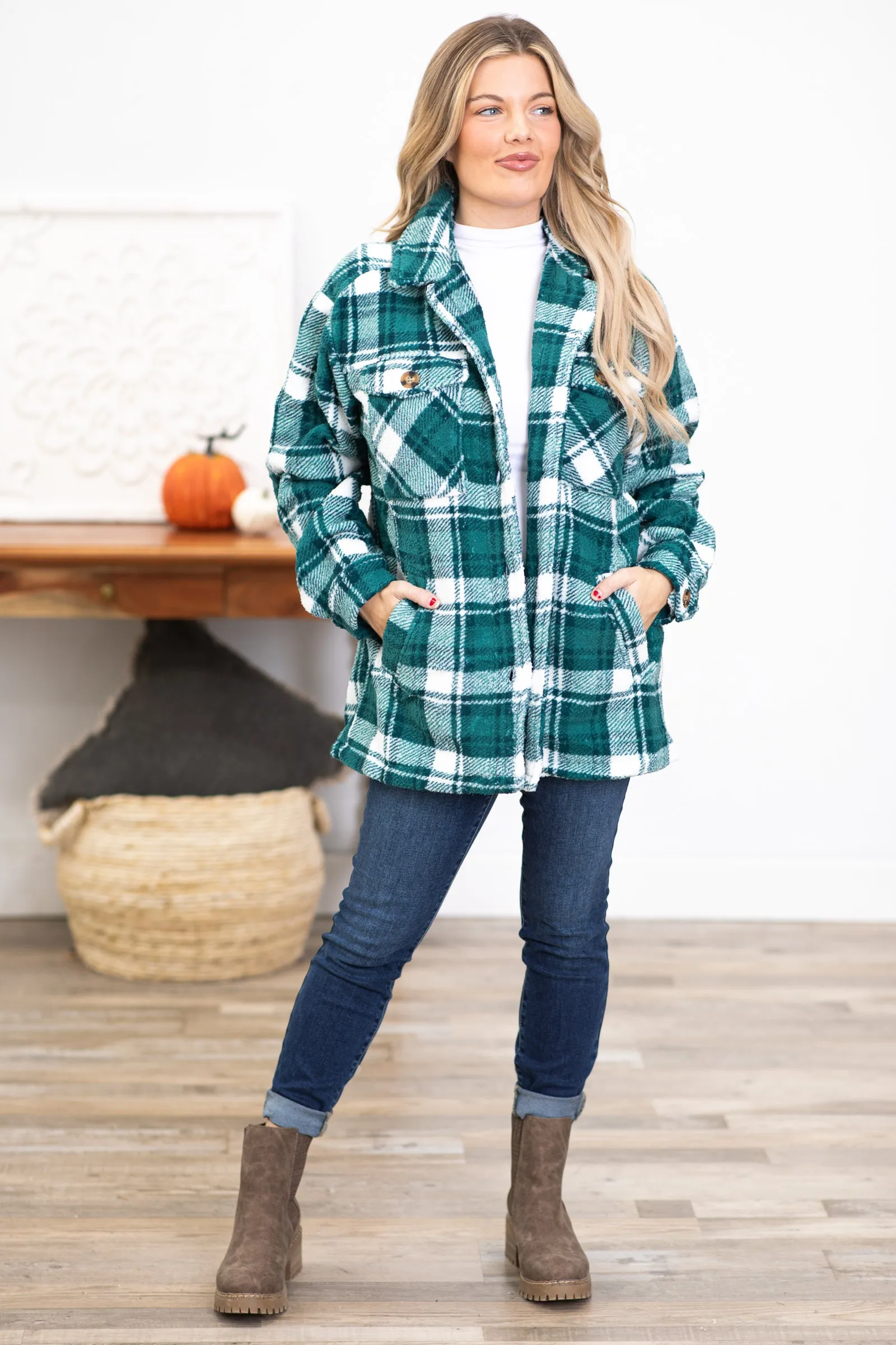 Green and White Plaid Sherpa Shacket