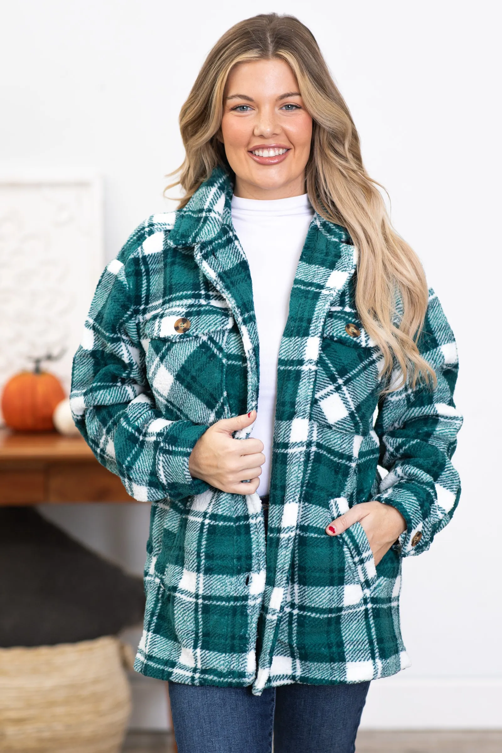 Green and White Plaid Sherpa Shacket