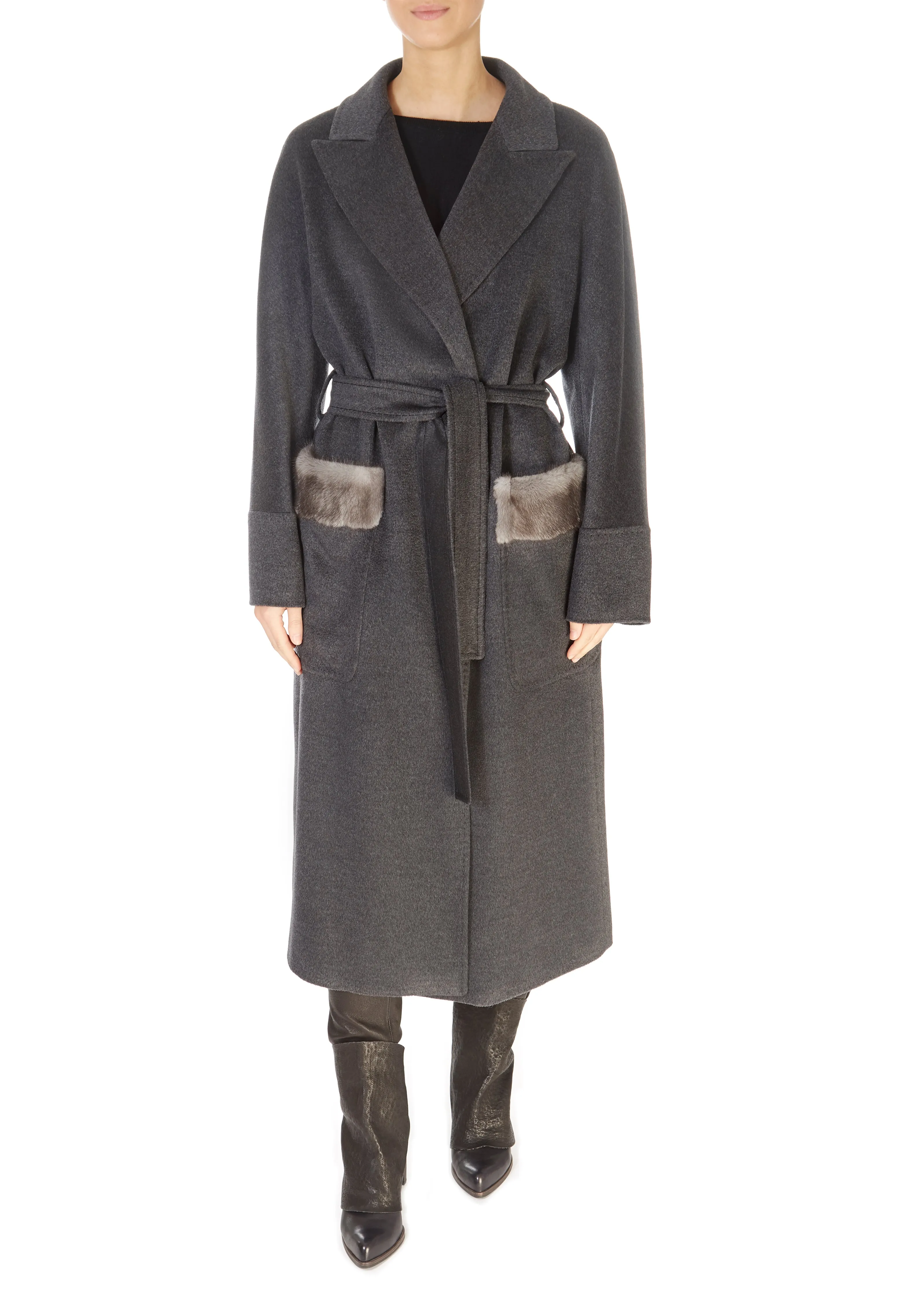 Grey Belted Wool Coat With Mink Pocket Trim