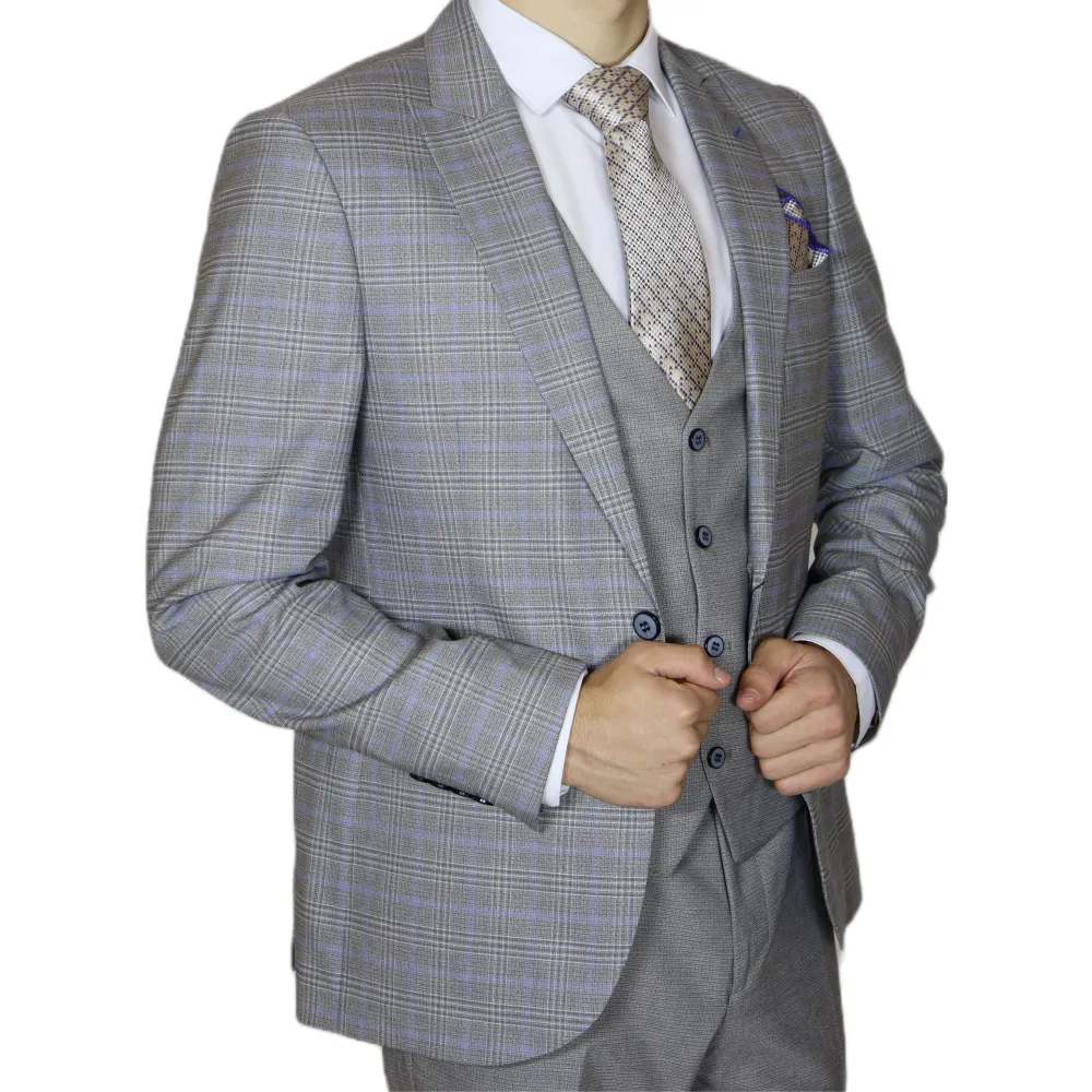 Grey/Blue Avanti Milano Window Pane Patterned Peak Lapel Three Piece Suit