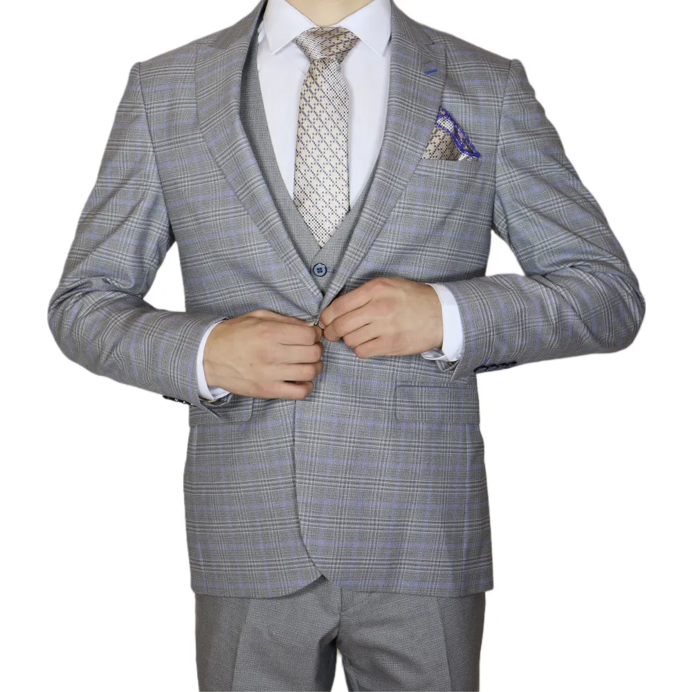 Grey/Blue Avanti Milano Window Pane Patterned Peak Lapel Three Piece Suit