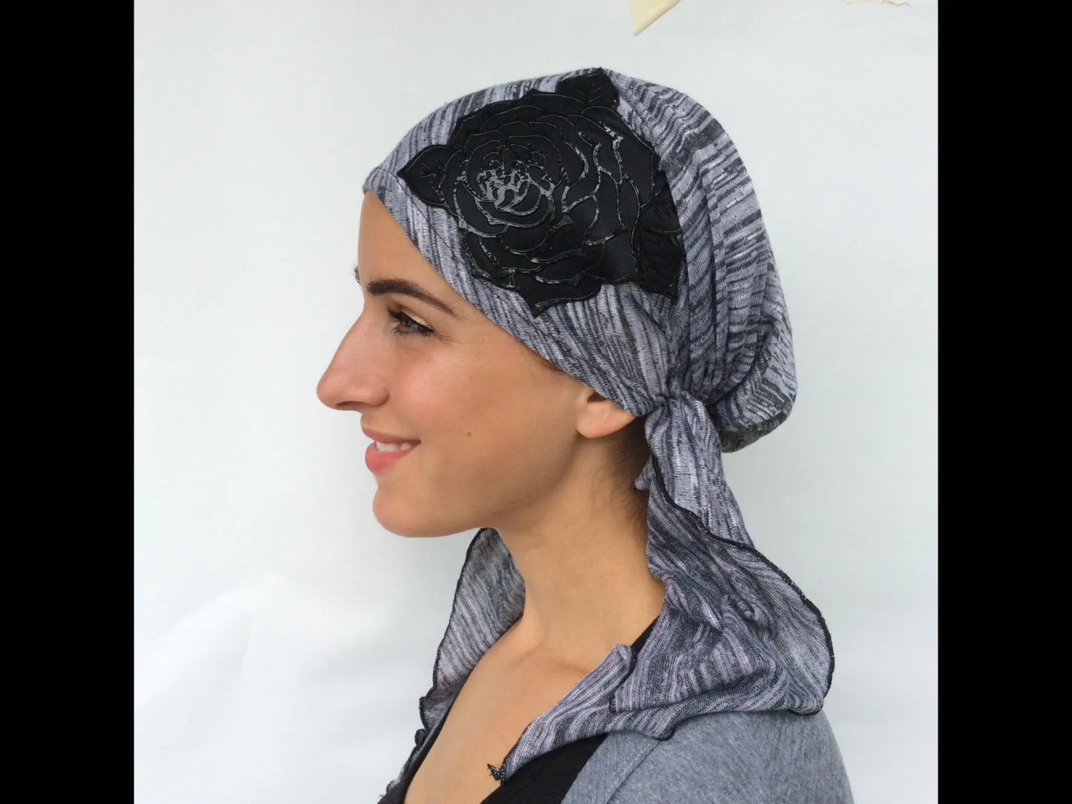 Headscarf For Women | |Lightweight Comfortable Pre-Tied Head Scarf With Black Leather Look Flower For Jewish Muslim Christian African Women | Hair Wrap For Women | Made in USA