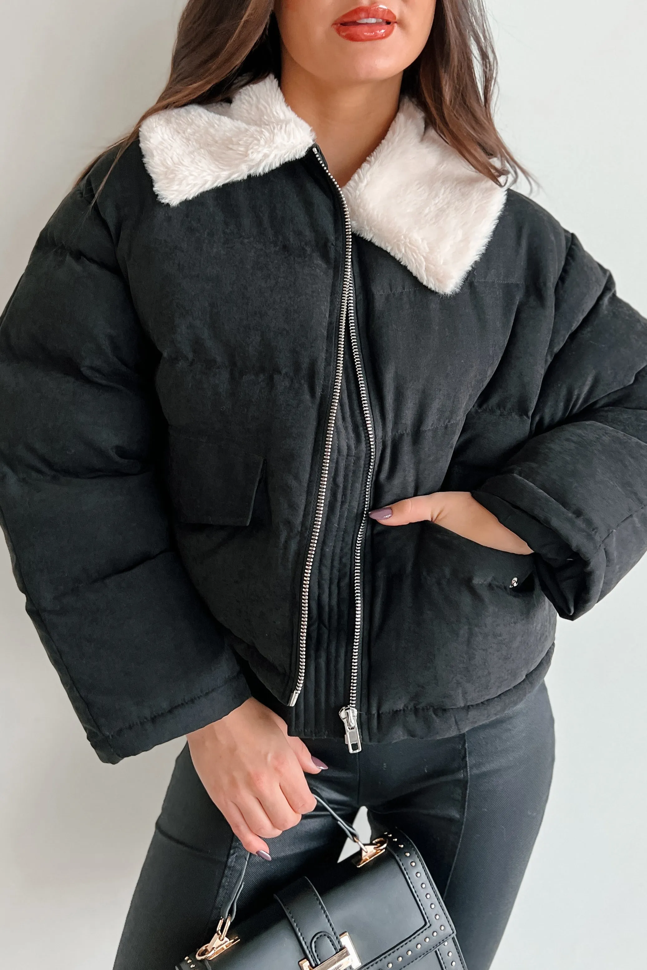 Icy Looks Faux Fur Collar Puffer Jacket (Black)