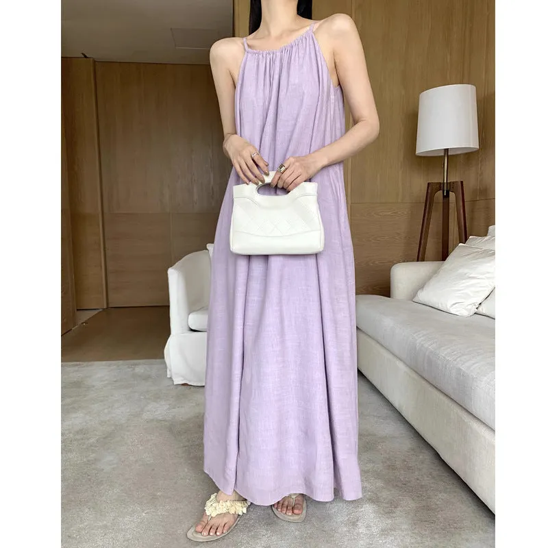 IKEARLAX  Personalized Minority Digging Collar Collection Gathers A- line Sling Dress Women's Loose Slimming  Style Temperament Long Skirt