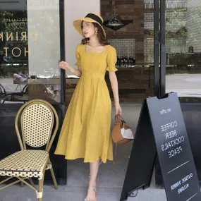 ikearlax Summer New Korean Style Solid Color Platycodon Grandiflorum Super Fairy Mori Style Sweet Cinched Slimming Temperament Square Collar Dress