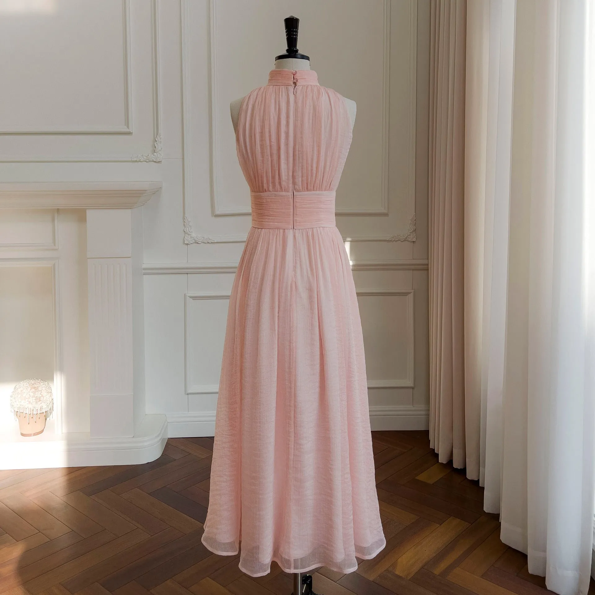 IKERRLAX Spring and Summer New Style Pink Girly Style Long Tulle Dress Stand Collar Annual Meeting Elegant Evening Dress Vacation Dress 68468