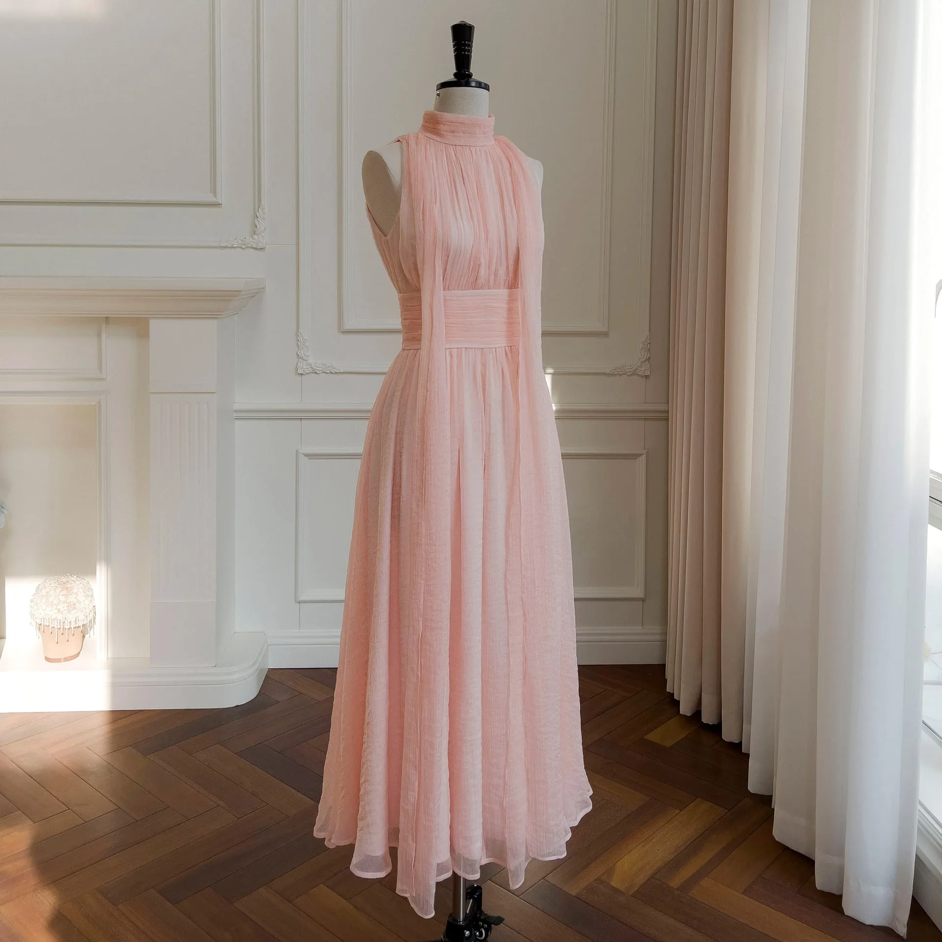 IKERRLAX Spring and Summer New Style Pink Girly Style Long Tulle Dress Stand Collar Annual Meeting Elegant Evening Dress Vacation Dress 68468