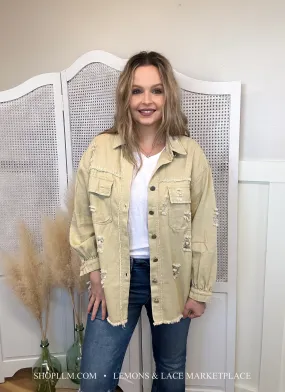 Khaki Tattered Frayed Denim Jacket