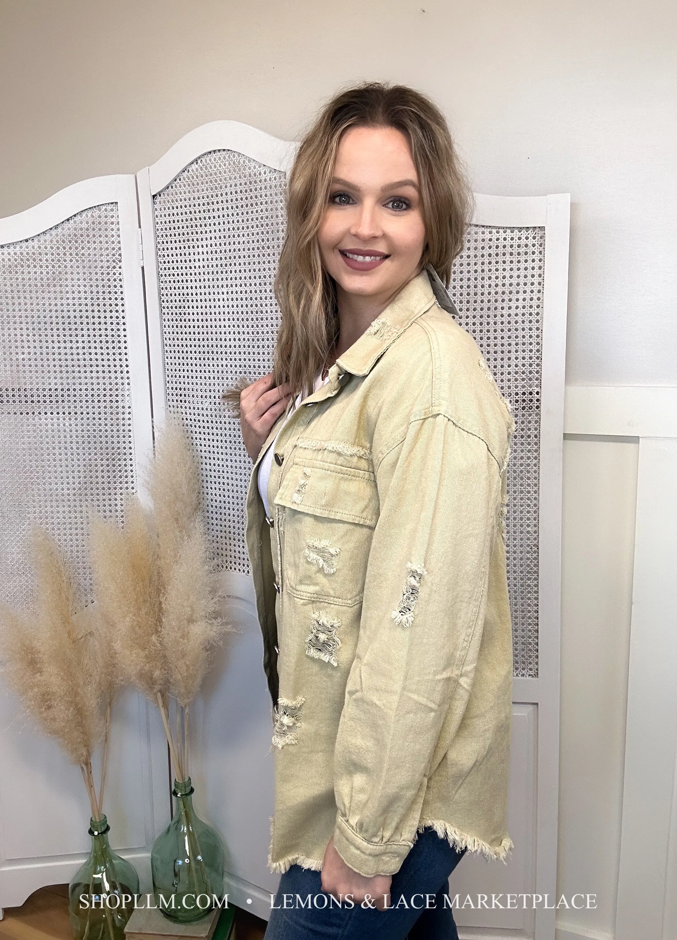 Khaki Tattered Frayed Denim Jacket