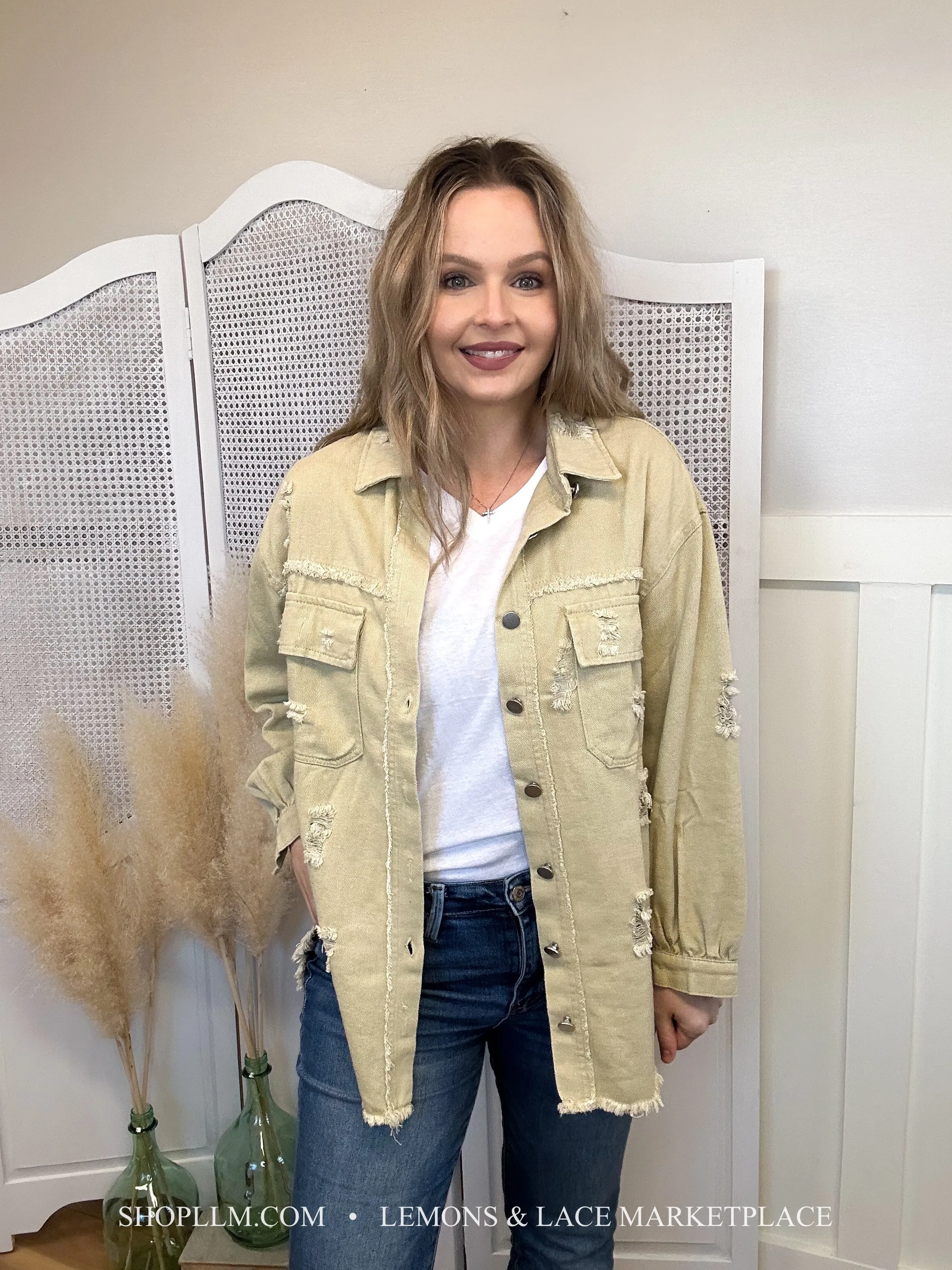 Khaki Tattered Frayed Denim Jacket